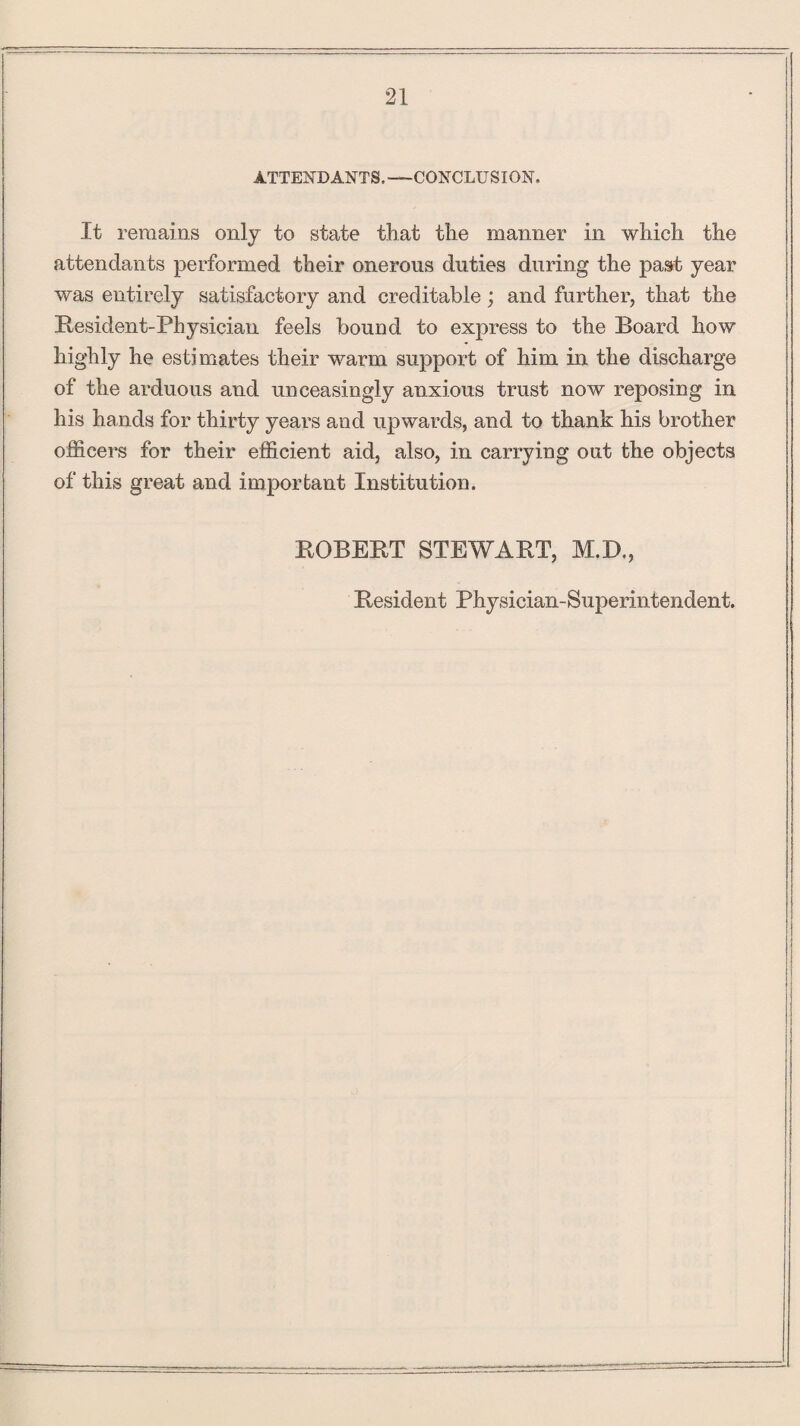 ATTENDANTS,—CONCLUSION, It remains only to state that the manner in which the attendants performed their onerous duties during the past year was entirely satisfactory and creditable; and further, that the Resident-Physician feels bound to express to the Board how highly he estimates their warm support of him in the discharge of the arduous and unceasingly anxious trust now reposing in his hands for thirty years and upwards, and to thank his brother officers for their efficient aid, also, in carrying out the objects of this great and important Institution. ROBERT STEWART, M.D., Resident Physician-Superintendent.