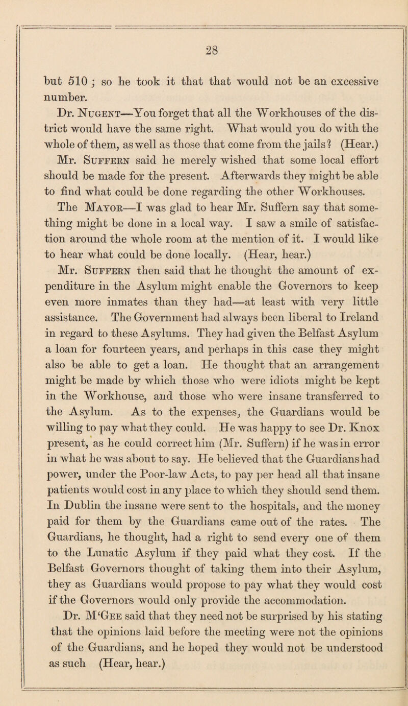 but 510 ; so be took it that that would not be an excessive number. Dr. Nugent—You forget that all the Workhouses of the dis¬ trict would have the same right. What would you do with the whole of them, as well as those that come from the jails 1 (Hear.) Mr. Suffern said he merely wished that some local effort should be made for the present. Afterwards they might be able to find what could be done regarding the other Workhouses. The Mayor—I was glad to hear Mr. Suffern say that some¬ thing might be done in a local way. I saw a smile of satisfac¬ tion around the whole room at the mention of it. I would like to hear what could be done locally. (Hear, hear.) Mr. Suffern then said that he thought the amount of ex¬ penditure in the Asylum might enable the Governors to keep even more inmates than they had—at least with very little assistance. The Government had always been liberal to Ireland in regard to these Asylums. They had given the Belfast Asylum a loan for fourteen years, and perhaps in this case they might also be able to get a loan. He thought that an arrangement might be made by which those who were idiots might be kept in the Workhouse, and those who were insane transferred to the Asylum. As to the expenses, the Guardians would be willing to pay what they could. He was happy to see Dr. Knox present, as he could correct him (Mr. Suffern) if he was in error in what he was about to say. He believed that the Guardians had power, under the Poor-law Acts, to pay per head all that insane patients would cost in any place to which they should send them. In Dublin the insane were sent to the hospitals, and the money paid for them by the Guardians came out of the rates. The Guardians, he thought, had a right to send every one of them to the Lunatic Asylum if they paid what they cost. If the Belfast Governors thought of taking them into their Asylum, they as Guardians would propose to pay what they would cost if the Governors would only provide the accommodation. Dr. M‘Gee said that they need not be surprised by his stating that the opinions laid before the meeting were not the opinions of the Guardians, and he hoped they would not be understood as such (Hear, hear.)