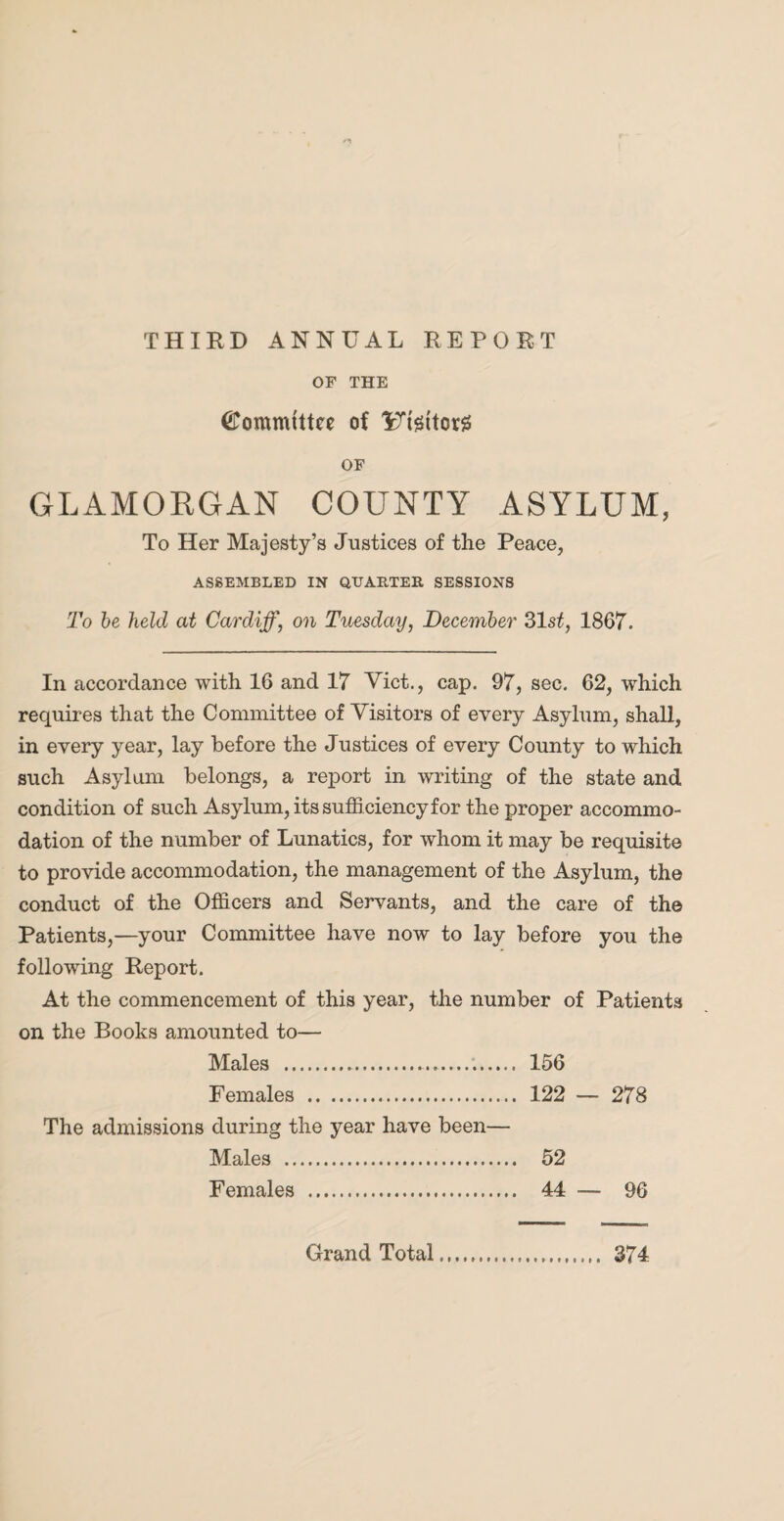 THIRD ANNUAL REPORT OF THE Committee of ITtsttcvg OF GLAMORGAN COUNTY ASYLUM, To Her Majesty’s Justices of the Peace, ASSEMBLED IN QUARTER SESSIONS To be held at Cardiff, on Tuesday, December 31s£, 1867. In accordance with 16 and 17 Viet., cap. 97, sec. 62, which requires that the Committee of Visitors of every Asylum, shall, in every year, lay before the Justices of every County to which such Asylum belongs, a report in writing of the state and condition of such Asylum, its sufficiency for the proper accommo¬ dation of the number of Lunatics, for whom it may be requisite to provide accommodation, the management of the Asylum, the conduct of the Officers and Servants, and the care of the Patients,—your Committee have now to lay before you the following Report. At the commencement of this year, the number of Patients on the Books amounted to— Males .*... 156 Females . 122 — 278 The admissions during the year have been— Males . 52 Females . 44 — 96 Grand Total 374