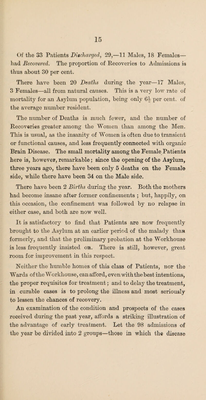 Of the 33 Patients Discharged, 29,—11 Males, 18 Females— had Recovered. The proportion of Recoveries to Admissions is thus about 30 per cent. There have been 20 Deaths during the year—17 Males, 3 Females—all from natural causes. This is a very low rate of mortality for an Asylum population, being only 6^ per cent, of the average number resident. The number of Deaths is much fewer, and the number of Recoveries greater among the Women than among the Men. This is usual, as the insanity of Women is often due to transient or functional causes, and less frequently connected with organic Brain Disease. The small mortality among the Female Patients here is, however, remarkable; since the opening of the Asylum, three years ago, there have been only 5 deaths on the Female side, while there have been 34 on the Male side. There have been 2 Births during the year. Both the mothers had become insane after former confinements ; but, happily, on this occasion, the confinement was followed by no relapse in either case, and both are now well. It is satisfactory to find that Patients are now frequently brought to the Asylum at an earlier period of the malady than formerly, and that the preliminary probation at the Workhouse is less frequently insisted on. There is still, however, great room for improvement in this respect. Neither the humble homes of this class of Patients, nor the Wards of the W orkhouse, can afford, even with the best intentions, the proper requisites for treatment; and to delay the treatment, in curable cases is to prolong the illness and most seriously to lessen the chances of recovery. An examination of the condition and prospects of the cases received during the past year, affords a striking illustration of the advantage of early treatment. Let the 98 admissions of the year be divided into 2 groups—-those in which the disease