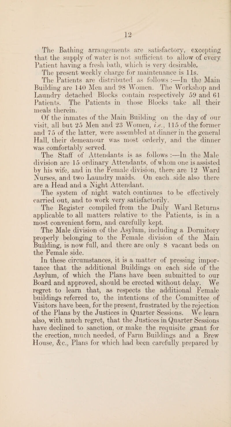 Tlie Bathing amingenients are satisfactory, excepting that tlie supply of water is not sufficient to allow of every Patient having a fresh bath, which is very desirable. The present weekly charge for inaintenance is 11s. ddw* Patients are distributed as follows ;—In the Main Building are 140 Men and 98 Women. The Workshop and Laundry detached Blocks contain respectively 59 and 61 Patients. The Patients in those Blocks take all their meals therein. Of the inmates of the Main Building on the day of our visit, all but 25 Men and 23 Women, i.e., 115 of the former and 75 of the latter, were assembled at dinner in the general Hall, their demeanour was most orderly, and the dinner was comfortably served. The Staff of Attendants is as follows :—In the Male division are 15 ordinary Attendants, of whom one is assisted by his wife, and in the Female division, there are 12 Ward Aurses, and two Laundry maids. On each side also there are a Head and a Night Attendant. The system of night watch continues to be effectively (‘arried out, and to work very satisfactorily. The Register compiled from the Daily Ward Returns applicable to all matters relative to the Patients, is in a most convenient form, and carefully kept. The Male division of the Asylum, including a Dormitory properly belonging to the Female division of the Main Building, is now full, and there are only 8 vacant beds on the Female side. In these circumstances, it is a matter of pressing impor¬ tance that the additional Buildings on each side of the Asylum, of which the Plans have been submitted to our Board and approved, should be erected without delay. We regret to learn that, as respects the additional Female buildings referred to, the intentions of the Committee of Visitors have been, for the present, frustrated by the rejection of the Plans by the Justices in Quarter Sessions. We learn also, with much regret, that the Justices in Quarter Sessions have declined to sanction, or make the requisite grant for the erection, much needed, of Farm Buildings and a Brew House, (^c.. Plans for which had been carefully prepared by