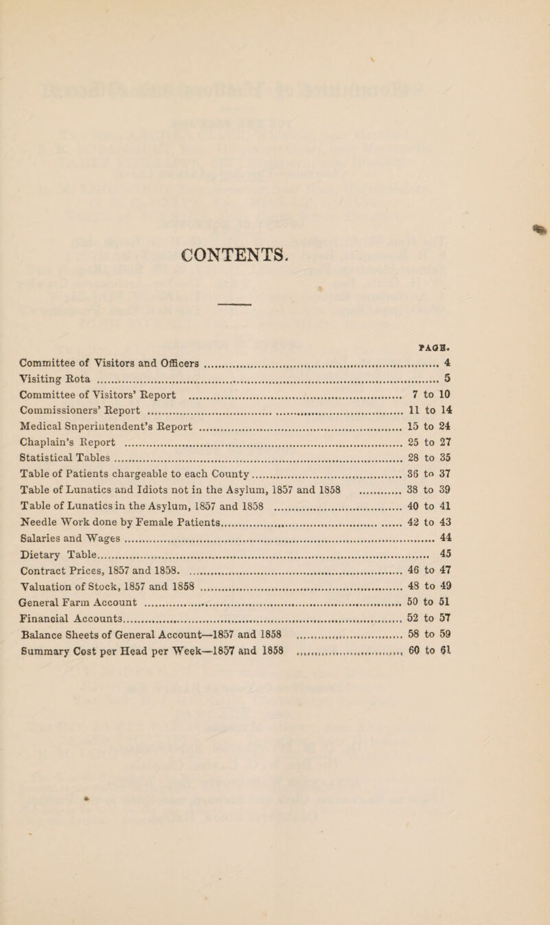 CONTENTS ?AOB. Committee of Visitors and Officers . 4 Visiting Rota . 5 Committee of Visitors’ Report . 7 to 10 Commissioners’ Report . 11 to 14 Medical Snperintendent’s Report . 15 to 24 Chaplain’s Report . 25 to 27 Statistical Tables. 28 to 35 Table of Patients chargeable to each County. 36 to 37 Table of Lunatics and Idiots not in the Asylum, 1857 and 1858 38 to 39 Table of Lunatics in the Asylum, 1857 and 1858 . 40 to 41 Needle Work done by Female Patients. 42 to 43 Salaries and Wages. 44 Dietary Table. 45 Contract Prices, 1857 and 1858. 46 to 47 Valuation of Stock, 1857 and 1858 . 48 to 49 General Farm Account . 50 to 51 Financial Accounts. 52 to 57 Balance Sheets of General Account—1857 and 1858 58 to 59 Summary Cost per Head per Week—1857 and 1858 60 to 61