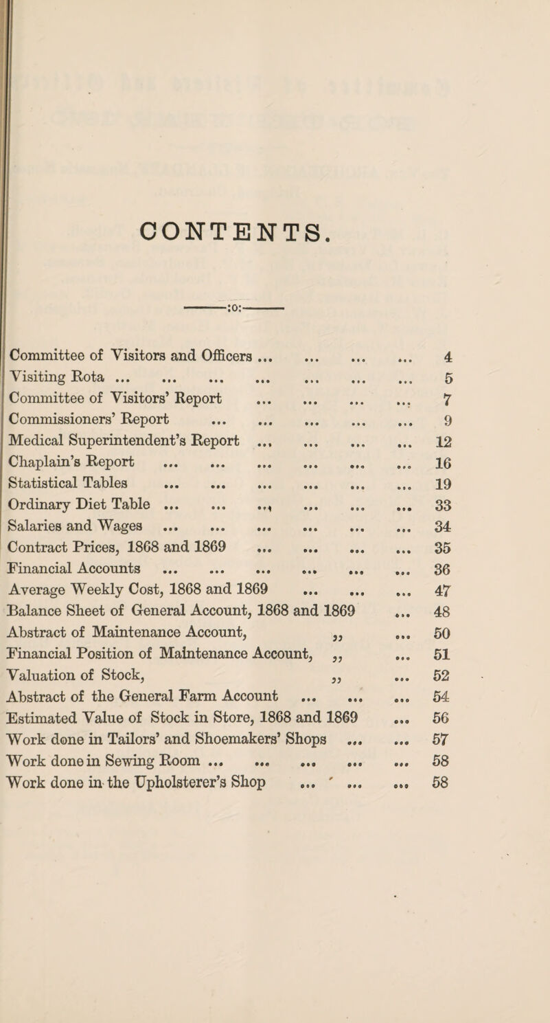 CONTENTS. ■:o:- Committee of Visitors and Officers ... Visiting Rota. Committee of Visitors’ Report Commissioners’ Report . Medical Superintendent’s Report ... Chaplain’s Report . Statistical Tables . Ordinary Diet Table. Salaries and Wages . Contract Prices, 1868 and 1869 Financial Accounts . Average Weekly Cost, 1868 and 1869 Balance Sheet of General Account, 1868 and 1869 Abstract of Maintenance Account, „ Financial Position of Maintenance Account, „ Valuation of Stock, „ Abstract of the General Farm Account Estimated Value of Stock in Store, 1868 and 1869 Work done in Tailors’ and Shoemakers’ Shops Work done in Sewing Room. Work done in the Upholsterer’s Shop ... ' ..