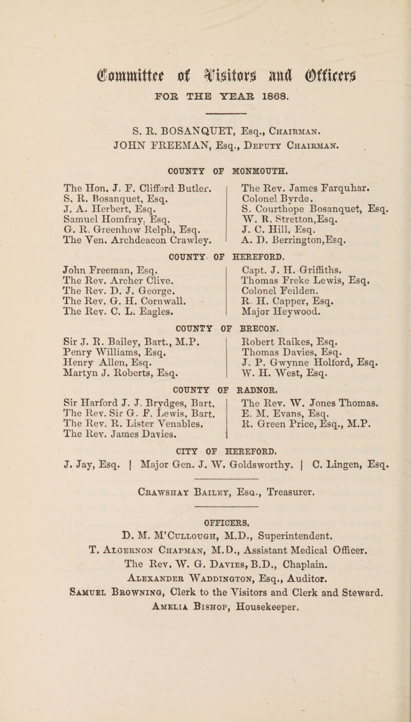 ©rnttmitto of •Visitors ami (Dffirers FOE, THE YEAE 1868. S. R. BOSANQUET, Esq., Chairman. JOHN EREEMAN, Esq., Deputy Chairman. COUNTY OF MONMOUTH. The Hon. J. E. Clifford Butler. S. R. Bosanquet, Esq. J. A. Herbert, Esq. Samuel Homfray. Esq. G. R. Greenhow Relph, Esq. The Yen. Archdeacon Crawley. John Ereeman, Esq. The Rev. Archer Clive. The Rev. D. J. George. The Rev. G. H. Cornwall. The Rev. C. L. Eagles. Sir J. R. Bailey, Bart., M.P. Penry Williams, Esq. Henry Allen, Esq. Martyn J. Roberts, Esq. Sir Harford J. J. Brydges, Bart. The Rev. Sir G. E. Lewis, Bart. The Rev. R. Lister Venables. The Rev. James Davies. The Rev. James Farquhar. Colonel Byrde. S. Courthope Bosanquet, Esq. W. R. Stretton,Esq. J. C. Hill, Esq. A. D. Berrington,Esq. Capt. J. H. Griffiths. Thomas Freke Lewis, Esq. Colonel Eeilden. R. H. Capper, Esq. Major Hey wood. Robert Ptaikes, Esq. Thomas Davies, Esq. J. P. Gwynne Holford, Esq. W. H. West, Esq. The Rev. W. Jones Thomas. E. M. Evans, Esq. R. Green Price, Esq., M.P. COUNTY OF HEREFORD. COUNTY OF BRECON. COUNTY OF RADNOR. CITY OF HEREFORD. J. Jay, Esq, [ Major Gen. J. W. Goldsworthy. | C. Lingen, Esq. Crawshay Bailey, Esq., Treasurer. OFFICERS. D. M. M’Cullough, M.D., Superintendent. T. Algernon Chapman, M.D., Assistant Medical Officer. The Rev. W. G. Davies, B.D., Chaplain. Alexander Waddington, Esq., Auditor. Samuel Browning, Clerk to the Visitors and Clerk and Steward. Amelia Bishop, Housekeeper.