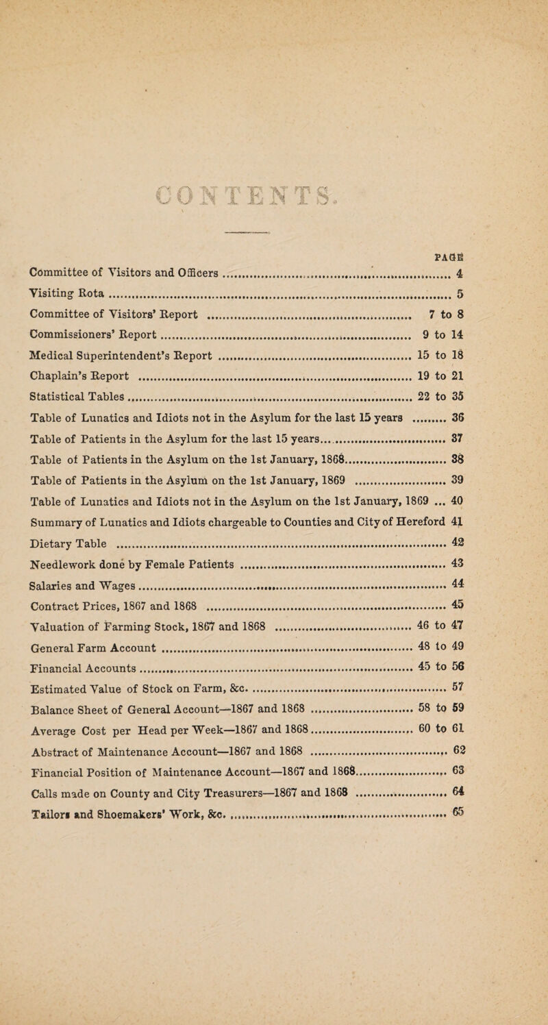 PAGE Committee of Visitors and Officers....... 4 Visiting1 Rota. 5 Committee of Visitors’ Report ..,.... 7 to 8 Commissioners’ Report...... 9 to 14 Medical Superintendent’s Report . 15 to 18 Chaplain’s Report ... 19 to 21 Statistical Tables......... 22 to 35 Table of Lunatics and Idiots not in the Asylum for the last 15 years . 36 Table of Patients in the Asylum for the last 15 years...,. 37 Table of Patients in the Asylum on the 1st January, 1868. 38 Table of Patients in the Asylum on the 1st January, 1869 . 39 Table of Lunatics and Idiots not in the Asylum on the 1st January, 1869 ... 40 Summary of Lunatics and Idiots chargeable to Counties and City of Hereford 41 Dietary Table . 42 Needlework done by Female Patients . 43 Salaries and Wages. 44- Contract Prices, 1867 and 1868 . 45 Valuation of Farming Stock, 1867 and 1868 .... 46 to 47 General Farm Account ... 48 to 49 Financial Accounts. 45 to 56 Estimated Value of Stock on Farm, &c. 57 Balance Sheet of General Account—1867 and 1868 .. 58 to 59 Average Cost per Head per Week—1867 and 1868.. 60 to 61 Abstract of Maintenance Account—1867 and 1868 . 62 Financial Position of Maintenance Account—1867 and 1868. 63 Calls made on County and City Treasurers—1867 and 1868 . 64 Tailori and Shoemakers’ Work, &c..... 55