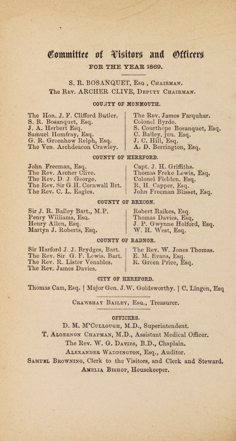 dorowiitM of ffeiiim# mA (bfftim FOR THE YEAR 1869. S. R. BOSANQUET, Esq , Chairman. The Rev. ARCHER CLIVE, Deputy Chairman, COUNTY OF MONMOUTH. The Hon. J. F. Clifford Butler. S. R. Bosanquet, Esq. J. A. Herbert Esq. Samuel Homfray, Esq. G. R. Greenhow Relph, Esq. The Ven. Archdeacon Crawley. COUNTY OF John Freeman, Esq. The Rev. Archer Clive. The Rev. D. J George. The Rev. Sir G H. Cornwall Brt. The Rev. C. L. Eagles. COUNTY 0 Sir J. R. Bailey Bart., M.P. Penry Williams, Esq. Henry Allen, Esq. Martyn J. Roberts, Esq. COUNTY 0 Sir Harford J. J. Brydges, Bart. The Rev. Sir G. F. Lewis. Bart. The Rev. R. Lister Venables. The Rev. James Davies. CITY OF I Thomas Cam, Esq. | Major Gen. J. The Rev. James Farquhar. Colonel Byrde. S. Courthope Bosanquet, Esq. C. Bailey, jun. Esq. J. C. Hill, Esq. A. D. Berrington, Esq. HEREFORD. Capt. J. H. Griffiths. Thomas Freke Lewis, Esq. Colonel Fielden, Esq. R. IT. Capper, Esq. John Freeman Blisset, Esq. BRECON. Robert Raikes, Esq, Thomas Davies, Esq, J. P. Gwynne Holford, Esq. W. H. West, Esq. RADNOR. The Rev. W. Jones Thomas. E. M. Evans, Esq. R. Green Price, Esq. XU* W. Goldsworthy. [ C. Lingen, Esq Crawshay Bailey, Esq., Treasurer. OFFICERS. D. M. M’Cullough, M.D., Superintendent. T. Algernon Chapman, M.D., Assistant Medical Officer. The Rev. W. G. Davies, B.D., Chaplain, Alexander Waddington, Esq., Auditor. Samubl Browning, Clerk to the Visitors, and Clerk and Steward, Amelia Bishop, Housekeeper.