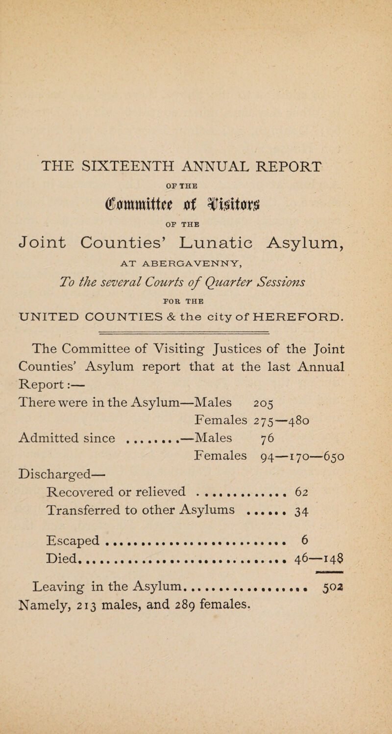 OF THE Committee of fteitoois OF THE Joint Counties’ Lunatic Asylum, AT ABERGAVENNY, To the several Courts of Quarter Sessions FOR THE UNITED COUNTIES & the city of HEREFORD. The Committee of Visiting Justices of the Joint Counties' Asylum report that at the last Annual Report:— There were in the Asylum—Males 205 Females 275—480 Admitted since .—Males 76 Females 94—170—650 Discharged— Recovered or relieved . 62 Transferred to other Asylums .34 Escaped. 6 Died.46—14$ Leaving in the Asylum. 502 Namely, 213 males, and 289 females.