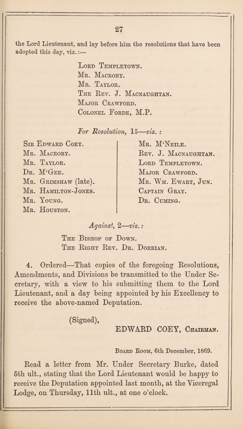 the Lord Lieutenant, and lay before him the resolutions that have been adopted this day, viz.:— Lord Templetown. Mr. Macrory. Mr. Taylor. The Rev. J. Macnaughtan. Major Crawford. Colonel Eorde, M.P. lor Resolution Sir Edward Coey, Mr. Macrory. Mr. Taylor. Dr. M‘Gee. Mr. Grimshaw (late). Mr. Hamilton-Jones. Mr. Young. Mr. Houston. Against, 2— 15—-viz. : Mr. M‘Neile. Rev. J. Macnaughtan. Lord Templetown. Major Crawford. Mr. Wm. Ewart, Jun. Captain Gray. Dr. Cuming. ■viz.: The Bishop of Down. The Right Rev. Dr. Dorrian. 4. Ordered—That copies of the foregoing Resolutions, Amendments, and Divisions he transmitted to the Under Se¬ cretary, with a view to his submitting them to the Lord Lieutenant, and a day being appointed by his Excellency to receive the above-named Deputation. (Signed), EDWARD COEY, Chairman. Board Boom, 6th December, 1869. Read a letter from Mr. Under Secretary Burke, dated 5th ult., stating that the Lord Lieutenant would be happy to receive the Deputation appointed last month, at the Yiceregal Lodge, on Thursday, 11th ult., at one o’clock.