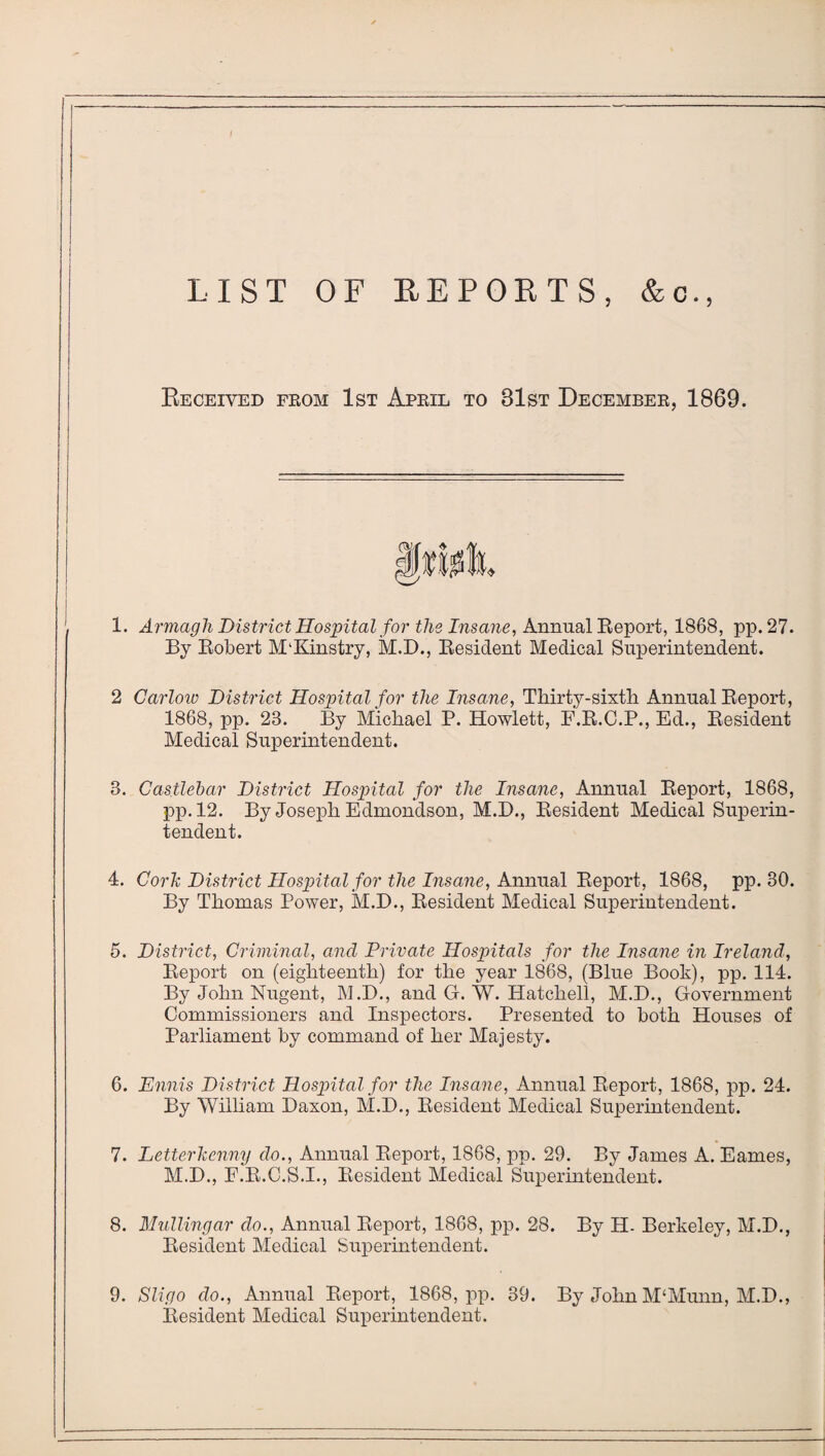 LIST OF REPORTS, &o., Received from 1st April to 81st December, 1869. 1. Armagh District Hospital for the Insane, Annual Report, 1868, pp. 27. By Robert M'Kinstry, M.D., Resident Medical Superintendent. 2 Carlow District Hospital for the Insane, Thirty-sixth Annual Report, 1868, pp. 23. By Michael P. Howlett, F.R.C.P., Ed., Resident Medical Superintendent. 8. Castlebar District Hospital for the Insane, Annual Report, 1868, pp.12. By Joseph Edmondson, M.D., Resident Medical Superin¬ tendent. 4. Cork District Hospital for the Insane, Annual Report, 1868, pp. 30. By Thomas Power, M.D., Resident Medical Superintendent. 5. District, Criminal, and Private Hospitals for the Insane in Ireland, Report on (eighteenth) for the year 1868, (Blue Book), pp. 114. By John Nugent, M.D., and G. W. Hatched, M.D., Government Commissioners and Inspectors. Presented to both Houses of Parliament by command of her Majesty. 6. Ennis District Hospital for the Insane, Annual Report, 1868, pp. 24. By William Daxon, M.D., Resident Medical Superintendent. 7. Letterkenny do., Annual Report, 1868, pp. 29. By James A. Eames, M.D., F.R.C.S.I., Resident Medical Superintendent. 8. Mullingar do., Annual Report, 1868, pp. 28. By H- Berkeley, M.D., Resident Medical Superintendent. 9. Sligo clo., Annual Report, 1868, pp. 39. By John M'Munn, M.D., Resident Medical Superintendent.