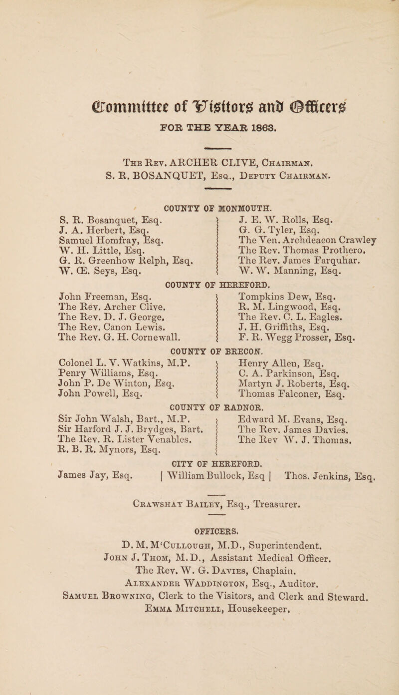 Committee of Visitors anil ©ffictrs FOB THE YEAB 1863. The Rev. ARCHER CLIVE, Chairman. S. R. BOSANQUET, Esq., Deputy Chairman. COUNTY OF MONMOUTH. S. R. Bosanquet, Esq. J. A. Herbert, Esq. Samuel Homfray, Esq. W. H. Little, Esq. G. R. Greenhow Kelph, Esq. W. CE. Seys, Esq. J. E. W. Rolls, Esq. G. G. Tyler, Esq. The Ven. Archdeacon Crawley The Rev. Thomas Prothero. The Rev. James Farquhar. W. W. Manning, Esq. COUNTY OF John Freeman, Esq. The Rev. Archer Clive. The Rev. D. J. George. The Rev. Canon Lewis. The Rev. G. LI. Cornewall. HEREFORD. Tompkins Dew, Esq. R. M. Lingwood, Esq. The Rev. C. L. Eagles. J. H. Griffiths, Esq. F. R. Wegg Prosser, Esq. COUNTY OF BRECON. Colonel L. V. Watkins, M.P. Penry Williams, Esq. John P. De Winton, Esq. John Powell, Esq. Henry Allen, Esq. C. A. Parkinson, Esq. Martyn J. Roberts, Esq. Thomas Falconer, Esq. COUNTY OF RADNOR. Sir John Walsh, Bart., M.P. Sir Harford J. J. Brydges, Bart. The Rev. R. Lister Venables. R. B. R. Mynors, Esq. Edward M. Evans, Esq. The Rev. James Davies. The Rev W. J. Thomas. CITY OF HEREFORD. James Jay, Esq. | William Bullock, Esq | Thos. Jenkins, Esq. Crawshay Bailey, Esq., Treasurer. OFFICERS. D. M. M'Cullough, M.D., Superintendent. John J. Thom, M.D., Assistant Medical Officer. The Rev. W. G. Davies, Chaplain. Alexander Waddington, Esq., Auditor. Samuel Browning, Clerk to the Visitors, and Clerk and Steward. Emma Mitchell, Housekeeper.