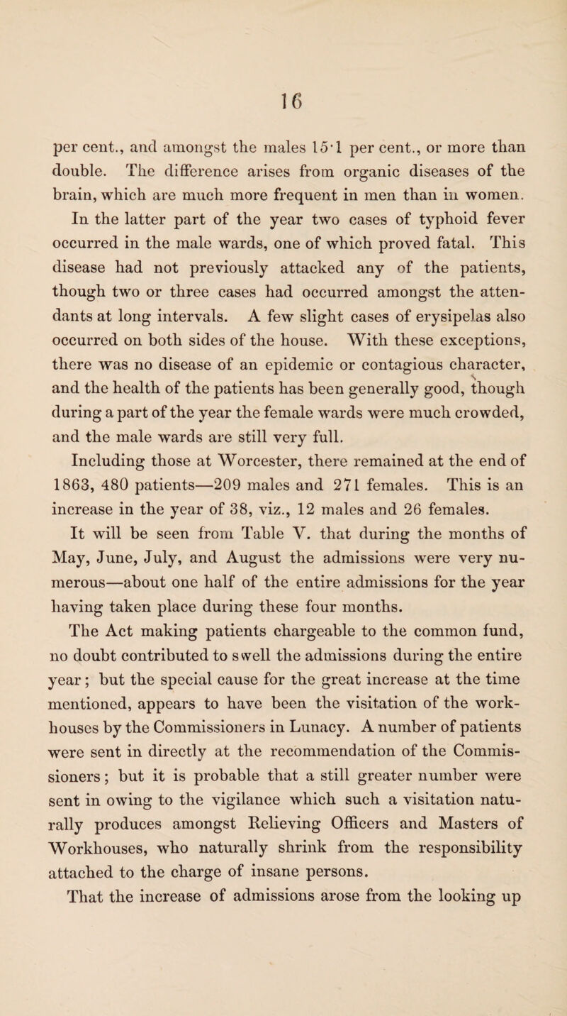 per cent., and amongst the males 15*1 per cent., or more than double. The difference arises from organic diseases of the brain, which are much more frequent in men than in women. In the latter part of the year two cases of typhoid fever occurred in the male wards, one of which proved fatal. This disease had not previously attacked any of the patients, though two or three cases had occurred amongst the atten¬ dants at long intervals. A few slight cases of erysipelas also occurred on both sides of the house. With these exceptions, there was no disease of an epidemic or contagious character, \ and the health of the patients has been generally good, though during a part of the year the female wards were much crowded, and the male wards are still very full. Including those at Worcester, there remained at the end of 1863, 480 patients—209 males and 271 females. This is an increase in the year of 38, viz., 12 males and 26 females. It will be seen from Table V. that during the months of May, June, July, and August the admissions were very nu¬ merous—about one half of the entire admissions for the year having taken place during these four months. The Act making patients chargeable to the common fund, no doubt contributed to s well the admissions during the entire year; but the special cause for the great increase at the time mentioned, appears to have been the visitation of the work- houses by the Commissioners in Lunacy. A number of patients were sent in directly at the recommendation of the Commis¬ sioners ; but it is probable that a still greater number were sent in owing to the vigilance which such a visitation natu¬ rally produces amongst Relieving Officers and Masters of Workhouses, who naturally shrink from the responsibility attached to the charge of insane persons. That the increase of admissions arose from the looking up