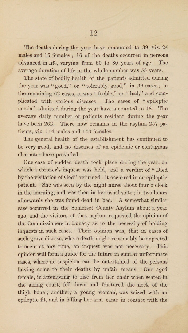 The deaths during the year have amounted to 39, viz. 24 males and 15 females ; 16 of the deaths occurred in persons advanced in life, varying from 60 to 80 years of age. The average duration of life in the whole number was 53 years. The state of bodily health of the patients admitted during the year was “ good/’ or “ tolerably good,” in 38 cases; in the remaining 62 cases, it was “feeble,” or “bad,” and com¬ plicated with various diseases The cases of “ epileptic mania” admitted during the year have amounted to 18. The average daily number of patients resident during the year have been 262. There now remains in the asylum 257 pa¬ tients, viz. 114 males and 143 females. The general health of the establishment has continued to be very good, and no diseases of an epidemic or contagious character have prevailed. One case of sudden death took place during the year, on which a coroner’s inquest was held, and a verdict of “ Died by the visitation of God” returned ; it occurred in an epileptic patient. She was seen by the night nurse about four o’clock in the morning, and was then in her usual state ; in two hours afterwards she was found dead in bed. A somewhat similar case occurred in the Somerset County Asylum about a year ago, and the visitors of that asylum requested the opinion of the Commissioners in Lunacy as to the necessity of holding inquests in such cases. Their opinion was, that in cases of such grave disease, where death might reasonably be expected to occur at any time, an inquest was not necessary. This opinion will form a guide for the future in similar unfortunate cases, where no suspicion can be entertained of the persons having come to their deaths by unfair means. One aged female, in attempting to rise from her chair when seated in the airing court, fell down and fractured the neck of the thigh bone ; another, a young woman, was seized with an epileptic fit, and in falling her arm came in contact with the