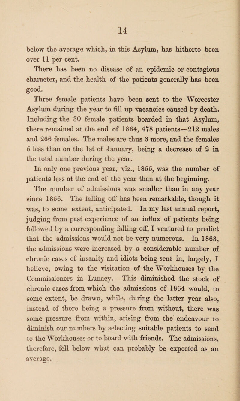 below the average which, in this Asylum, has hitherto been over 11 per cent. There has been no disease of an epidemic or contagious character, and the health of the patients generally has been good. Three female patients have been sent to the Worcester Asylum during the year to fill up vacancies caused by death. Including the 30 female patients boarded in that Asylum, there remained at the end of 1864, 478 patients—212 males and 266 females. The males are thus 8 more, and the females 5 less than on the 1st of January, being a decrease of 2 in the total number during the year. In only one previous year, viz., 1855, was the number of patients less at the end of the year than at the beginning. The number of admissions was smaller than in any year since 1856. The falling off has been remarkable, though it was, to some extent, anticipated. In my last annual report, judging from past experience of an influx of patients being followed by a corresponding falling off, I ventured to predict that the admissions would not be very numerous. In 1863, the admissions were increased by a considerable number of chronic cases of insanity and idiots being sent in, largely, I believe, owing to the visitation of the Workhouses by the Commissioners in Lunacy. This diminished the stock of chronic cases from which the admissions of 1864 would, to some extent, be drawn, while, during the latter year also, instead of there being a pressure from without, there was some pressure from within, arising from the endeavour to diminish our numbers by selecting suitable patients to send to the Workhouses or to board with friends. The admissions, therefore, fell below what can probably be expected as an average.