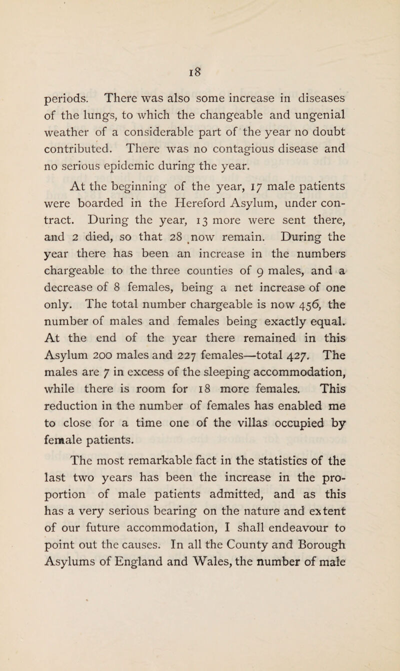 periods. There was also some increase in diseases of the lungs, to which the changeable and ungenial weather of a considerable part of the year no doubt contributed. There was no contagious disease and no serious epidemic during the year. At the beginning of the year, 17 male patients were boarded in the Hereford Asylum, under con¬ tract. During the year, 13 more were sent there, and 2 died, so that 28 now remain. During the year there has been an increase in the numbers chargeable to the three counties of 9 males, and a decrease of 8 females, being a net increase of one only. The total number chargeable is now 456, the number of males and females being exactly equal. At the end of the year there remained in this Asylum 200 males and 227 females—total 427. The males are 7 in excess of the sleeping accommodation, while there is room for 18 more females. This reduction in the number of females has enabled me to close for a time one of the villas occupied by female patients. The most remarkable fact in the statistics of the last two years has been the increase in the pro¬ portion of male patients admitted, and as this has a very serious bearing on the nature and extent of our future accommodation, I shall endeavour to point out the causes. In all the County and Borough Asylums of England and Wales, the number of male