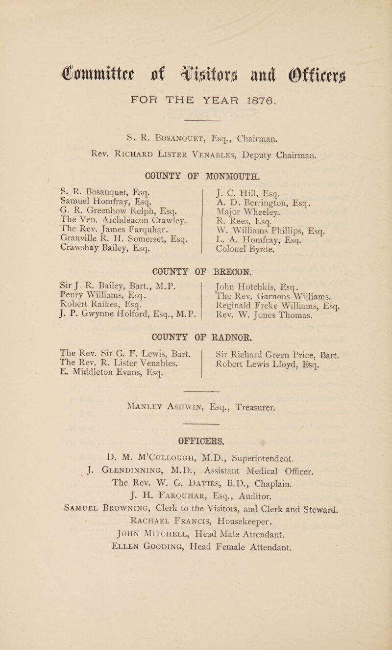 amt (Bifum FOR THE YEAR 1876. S. R. Bosanquet, Esq., Chairman. Rev. Richard Lister Venables, Deputy Chairman, COUNTY OF S. R. Bosanquet, Esq. Samuel Homfray, Esq. G. R. Greenhow Relph, Esq. The Ven. Archdeacon Crawley. The Rev. James Farquhar. Granville R. H. Somerset, Esq. Crawshay Bailey, Esq. COUNTY 0 Sir J R. Bailey, Bart., M.P. Penry Williams, Esq. Robert Raikes, Esq. J. P. Gwynne Holford, Esq., M.P. COUNTY 0 The Rev. Sir G. F. Lewis, Bart. The Rev. R. Lister Venables. E. Middleton Evans, Esq. MONMOUTH. J. C. Hill, Esq. A. D. Berrington, Esq. Major Wheeley. R. Rees, Esq. W. Williams Phillips, Esq. L. A. Homfray, Esq. Colonel Byrde. ’ BRECON. John Hotchkis, Esq. The Rev. Garnons Williams. Reginald Freke Williams, Esq. Rev. W. Jones Thomas. ' RADNOR. Sir Richard Green Price, Bart. Robert Lewis Lloyd, Esq. Manley Ashwin, Esq., Treasurer. OFFICERS. D. M. M’Cullough, M.D., Superintendent. J. Glendinning, M.D., Assistant Medical Officer. The Rev. W. G. Davies, B.D., Chaplain. J. H. Farquhar, Esq., Auditor. Samuel Browning, Clerk to the Visitors, and Clerk and Steward. Rachael Francis, Housekeeper. John Mitchell, Head Male Attendant. Ellen Gooding, Head Female Attendant.