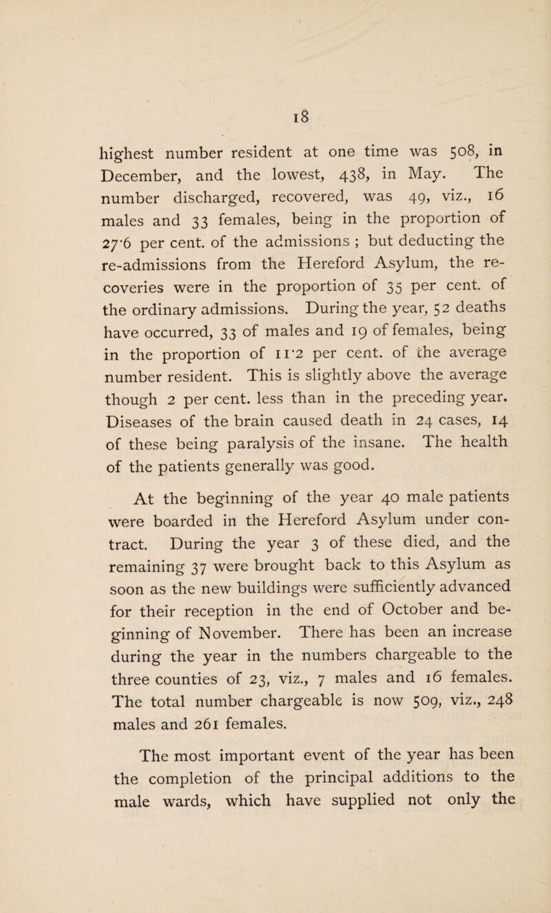 highest number resident at one time was 508, in December, and the lowest, 438, in May. The number discharged, recovered, was 49, viz., 16 males and 33 females, being in the proportion of 27-6 per cent, of the admissions ; but deducting the re-admissions from the Hereford Asylum, the re¬ coveries were in the proportion of 35 per cent, of the ordinary admissions. During the year, 52 deaths have occurred, 33 of males and 19 of females, being in the proportion of 11*2 per cent, of che average number resident. This is slightly above the average though 2 per cent, less than in the preceding year. Diseases of the brain caused death in 24 cases, 14 of these being paralysis of the insane. The health of the patients generally was good. At the beginning of the year 40 male patients were boarded in the Hereford Asylum under con¬ tract. During the year 3 of these died, and the remaining 37 were brought back to this Asylum as soon as the new buildings were sufficiently advanced for their reception in the end of October and be¬ ginning of November. There has been an increase during the year in the numbers chargeable to the three counties of 23, viz., 7 males and 16 females. The total number chargeable is now 509, viz., 248 males and 261 females. The most important event of the year has been the completion of the principal additions to the male wards, which have supplied not only the