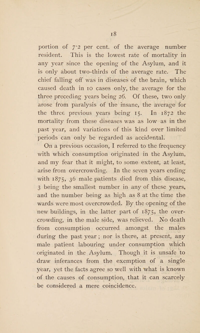 portion of 7*2 per cent, of the average number resident. This is the lowest rate of mortality in any year since the opening of the Asylum, and it is only about two-thirds of the average rate. The chief falling off was in diseases of the brain, which caused death in 10 cases only, the average for the three preceding years being 26. Of these, two only arose from paralysis of the insane, the average for the three previous years being 15. In 1872 the mortality from these diseases was as low as in the past year, and variations of this kind over limited periods can only be regarded as accidental. On a previous occasion, I referred to the frequency with which consumption originated in the Asylum, and my fear that it might, to some extent, at least, arise from overcrowding. In the seven years ending with 1875, 36 male patients died from this disease, 3 being the smallest number in any of these years, and the number being as high as 8 at the time the wards were most overcrowded. By the opening of the new buildings, in the latter part of 1875, the over¬ crowding, in the male side, was relieved. No death from consumption occurred amongst the males during the past year ; nor is there, at present, any male patient labouring under consumption which originated in the Asylum. Though it is unsafe to draw inferances from the exemption of a single year, yet the facts agree so well with what is known of the causes of consumption, that it can scarcely be considered a mere coincidence.