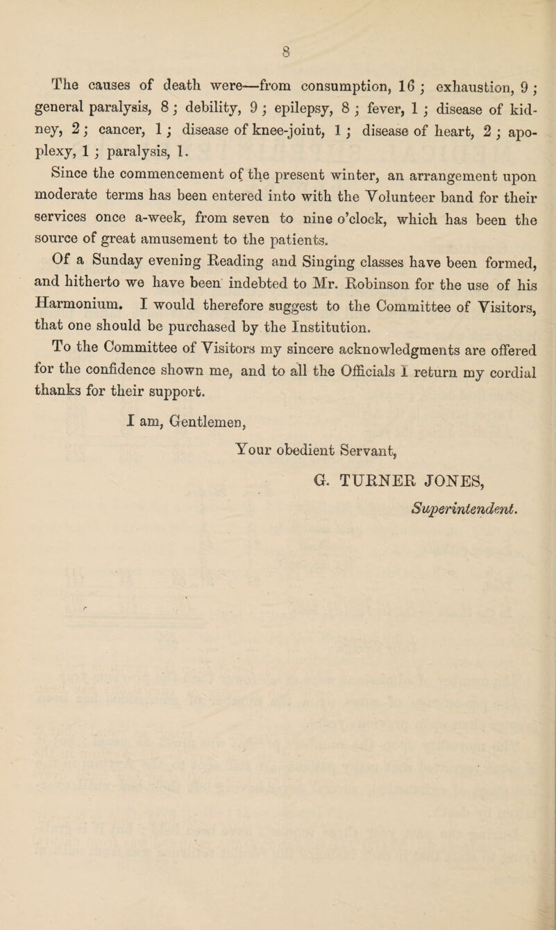 The causes of death were—from consumption, Id ; exhaustion, 9 ; general paralysis, 8; debility, 9 ; epilepsy, 8 ; fever, 1 ; disease of kid- ney, 2; cancer, 1; disease of knee-joint, 1 ; disease of heart, 2 ; apo¬ plexy, 1 ; paralysis, 1. Since the commencement of the present winter, an arrangement upon moderate terms has been entered into with the Volunteer band for their services once a-week, from seven to nine o’clock, which has been the source of great amusement to the patients. Of a Sunday evening Reading and Singing classes have been formed, and hitherto we have been indebted to Mr. Robinson for the use of his Harmonium. I would therefore suggest to the Committee of Visitors, that one should be purchased by the Institution. To the Committee of Visitors my sincere acknowledgments are offered tor the confidence shown me, and to all the Officials 1 return my cordial thanks for their support. I am, Gentlemen, Your obedient Servant, G. TURNER JONES, Superintendent.