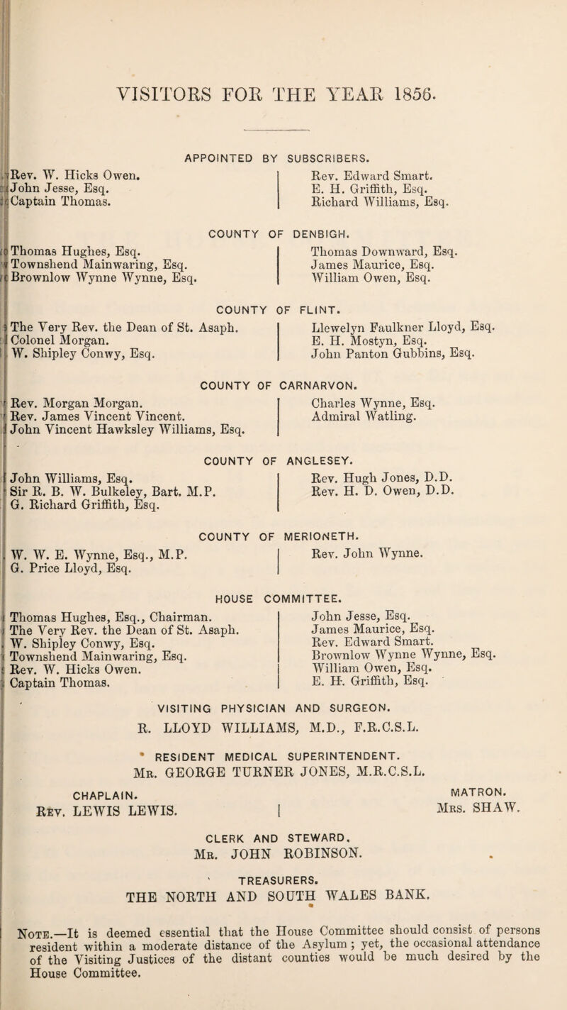 VISITORS FOR THE YEAR 1856. iRev. W. Hicka Owen, r iJokn Jesse, Esq. k Captain Thomas. APPOINTED BY SUBSCRIBERS. Rev. Edward Smart. E. H. Griffith, Esq. Richard Williams, Esq. COUNTY OF DENBIGH. s Thomas Hughes, Esq. Townshend Mainwaring, Esq. i Brownlow Wynne Wynne, Esq. Thomas Downward, Esq. James Maurice, Esq. William Owen, Esq. COUNTY OF FLINT. The Very Rev. the Dean of St, Asaph. : Colonel Morgan. ! W. Shipley Conwy, Esq. Llewelyn Faulkner Lloyd, Esq. E. H. Mostyn, Esq. John Panton Gubbins, Esq. COUNTY OF CARNARVON. Rev. Morgan Morgan. Rev. James Vincent Vincent. John Vincent Hawksley Williams, Esq. Charles Wynne, Esq. Admiral Watling. John Williams, Esq. * Sir R. B. W. Bulkeley, Bart. M.P G. Richard Griffith, Esq. COUNTY OF ANGLESEY. Rev. Hugh Jones, D.D. Rev. H. D. Owen, D.D. COUNTY OF MERIONETH. . W. W. E. Wynne, Esq., M.P. G. Price Lloyd, Esq. Rev. John Wynne. HOUSE i Thomas Hughes, Esq., Chairman, j The Very Rev. the Dean of St. Asaph. . W. Shipley Conwy, Esq. Townshend Mainwaring, Esq. Rev. W. Hicks Owen. Captain Thomas. COMMITTEE. John Jesse, Esq. James Maurice, Esq. Rev. Edward Smart. Brownlow Wynne Wynne, Esq. William Owen, Esq. E. H-. Griffith, Esq. VISITING PHYSICIAN AND SURGEON. R. LLOYD WILLIAMS, M.D., F.R.C.S.L. % RESIDENT MEDICAL SUPERINTENDENT. Mr. GEORGE TURNER JONES, M.R.C.S.L. MATRON. Mrs. SHAW. CHAPLAIN. Rev. LEWIS LEWIS. CLERK AND STEWARD. Mr. JOHN ROBINSON. TREASURERS. THE NORTH AND SOUTH WALES BANK. Note.—It is deemed essential that the House Committee should consist of persons resident within a moderate distance of the Asylum ; yet, the occasional attendance of the Visiting Justices of the distant counties would be much desired by the House Committee.
