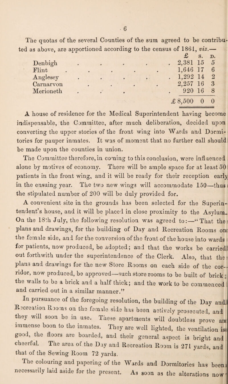 The quotas of the several Counties of the sum agreed to be contribu¬ ted as above, are apportioned according to the census of 1861, viz.— Denbigh Flint Anglesey Carnarvon Merioneth £ s. D. . 2,381 15 5 1,646 17 6 . 1,292 14 2 2,257 16 3 . 920 16 8 £ 8,500 0 0 A house of residence for the Medical Superintendent having become indispensable, the Committee, after much deliberation, decided upon converting the upper stories of the front wing into Wards and Dormi¬ tories for pauper inmates. It was of moment that no further call should be made upon the counties in union. The Committee therefore, in coming to this conclusion, were influenced alone by motives of economy. There will be ample space for at least 50 patients in the front wing, and it will be ready for their reception early in the ensuing year. The two new wing3 will accommodate 150—thus • the stipulated number of 200 will be duly provided for. A convenient site in the grounds has been selected for the Superin¬ tendent’s house, and it will be placed in close proximity to the Asylum., On the 18th July, the following resolution was agreed to:—“That the plans and drawings, for the building of Day and Recreation Rooms one the female side, and for the conversion of the front of the house into wards : for patients, now produced, be adopted; and that the works be carried! out forthwith under the superintendence of the Clerk. Also, that the plans and drawings for the new Store Rooms on each side of the cor¬ ridor, now produced, be approved—such storerooms to be built of brick : the walls to be a brick and a half thick; and the work to be commenced and carried out in a similar manner.” In pursuance of the foregoing resolution, the building of the Day ant Recreation Reams on the female side has been actively prosecuted, and they wdl soon be in use. These apartments will doubtless prove ai immense boon to the inmates. They are well lighted, the ventilation ii good, the floors are boarded, and their general aspect is bright and cheerful. The area of the Day and Recreation Room is 271 yards, and that of the Sewing Room 72 yards. The colouring and papering of the Wards and Dormitories has beer necessarily laid aside for the present. As soon as the alterations now