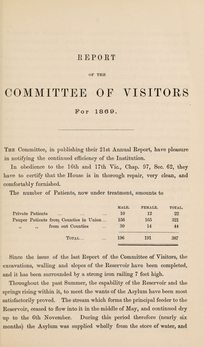 OF THE COMMITTEE For OF VISITORS 1869. The Committee, in publishing their 21st Annual Report, have pleasure in notifying the continued efficiency of the Institution. In obedience to the 16th and 17th Vic., Chap. 97, Sec. 62, they have to certify that the House is in thorough repair, very clean, and comfortably furnished. The number of Patients, now under treatment, amounts to male. FEMALE. TOTAL. Private Patients 10 12 22 Pauper Patients from Counties in Union... 156 165 321 ,, ,, from out Counties 30 14 44 Total... 196 191 387 Since the issue of the last Report of the Committee of Visitors, the excavations, walling and slopes of the Reservoir have been completed, and it has been surrounded by a strong iron railing 7 feet high. Throughout the past Summer, the capability of the Reservoir and the springs rising within it, to meet the wants of the Asylum have been most satisfactorily proved. The stream which forms the principal feeder to the Reservoir, ceased to flow into it in the middle of May, and continued dry up to the 6th November. During this period therefore (nearly six months) the Asylum was supplied wholly from the store of water, and