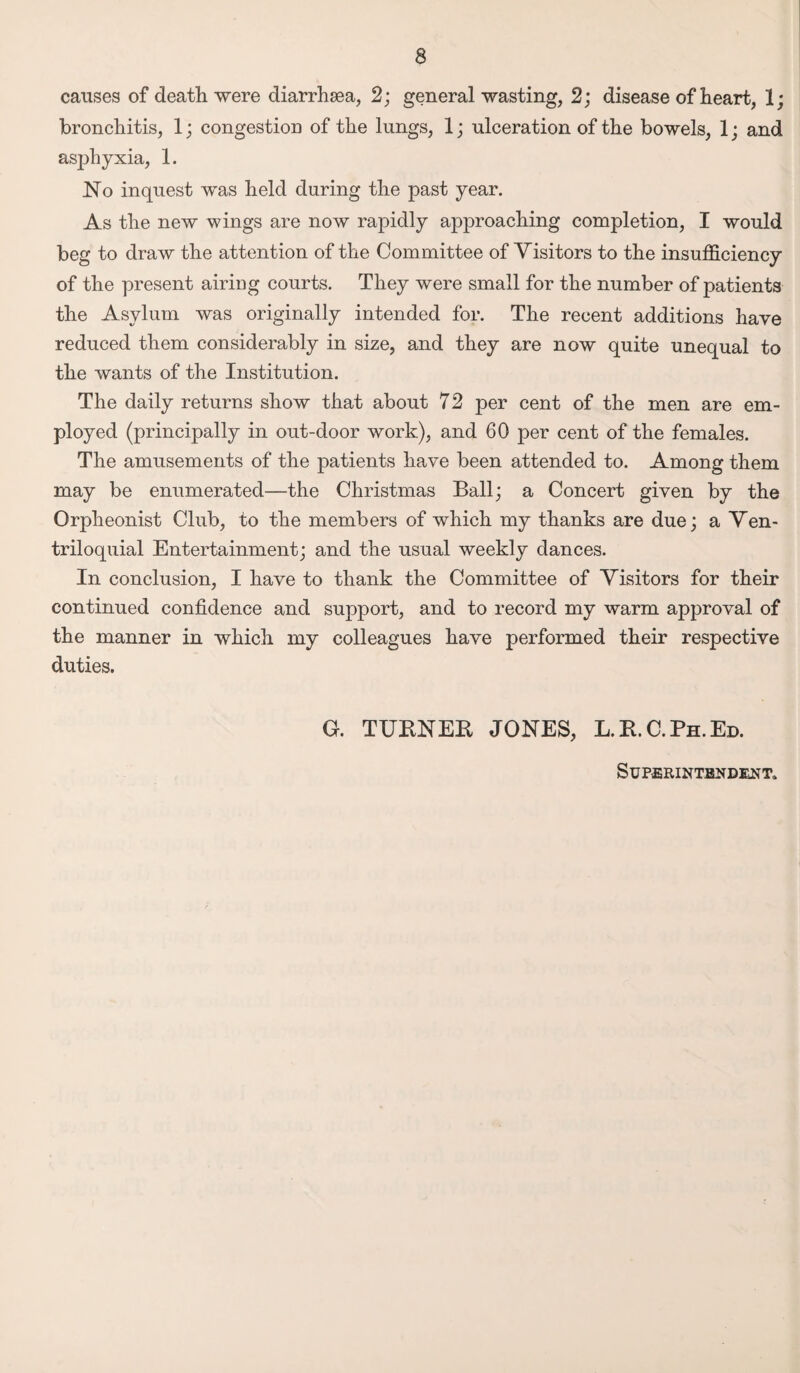 causes of death were diarrhsea, 2; general wasting, 2; disease of heart, 1; bronchitis, 1; congestion of the lungs, 1; ulceration of the bowels, 1; and asphyxia, 1. No inquest was held during the past year. As the new wings are now rapidly approaching completion, I would beg to draw the attention of the Committee of Visitors to the insufficiency of the present airiog courts. They were small for the number of patients the Asylum was originally intended for. The recent additions have reduced them considerably in size, and they are now quite unequal to the wants of the Institution. The daily returns show that about 72 per cent of the men are em¬ ployed (principally in out-door work), and 60 per cent of the females. The amusements of the patients have been attended to. Among them may be enumerated—the Christmas Ball; a Concert given by the Orpheonist Club, to the members of which my thanks are due; a Ven- triloquial Entertainment; and the usual weekly dances. In conclusion, I have to thank the Committee of Visitors for their continued confidence and support, and to record my warm approval of the manner in which my colleagues have performed their respective duties. G. TUBNER JONES, L.R.C.Ph.Ed. Superintendent.