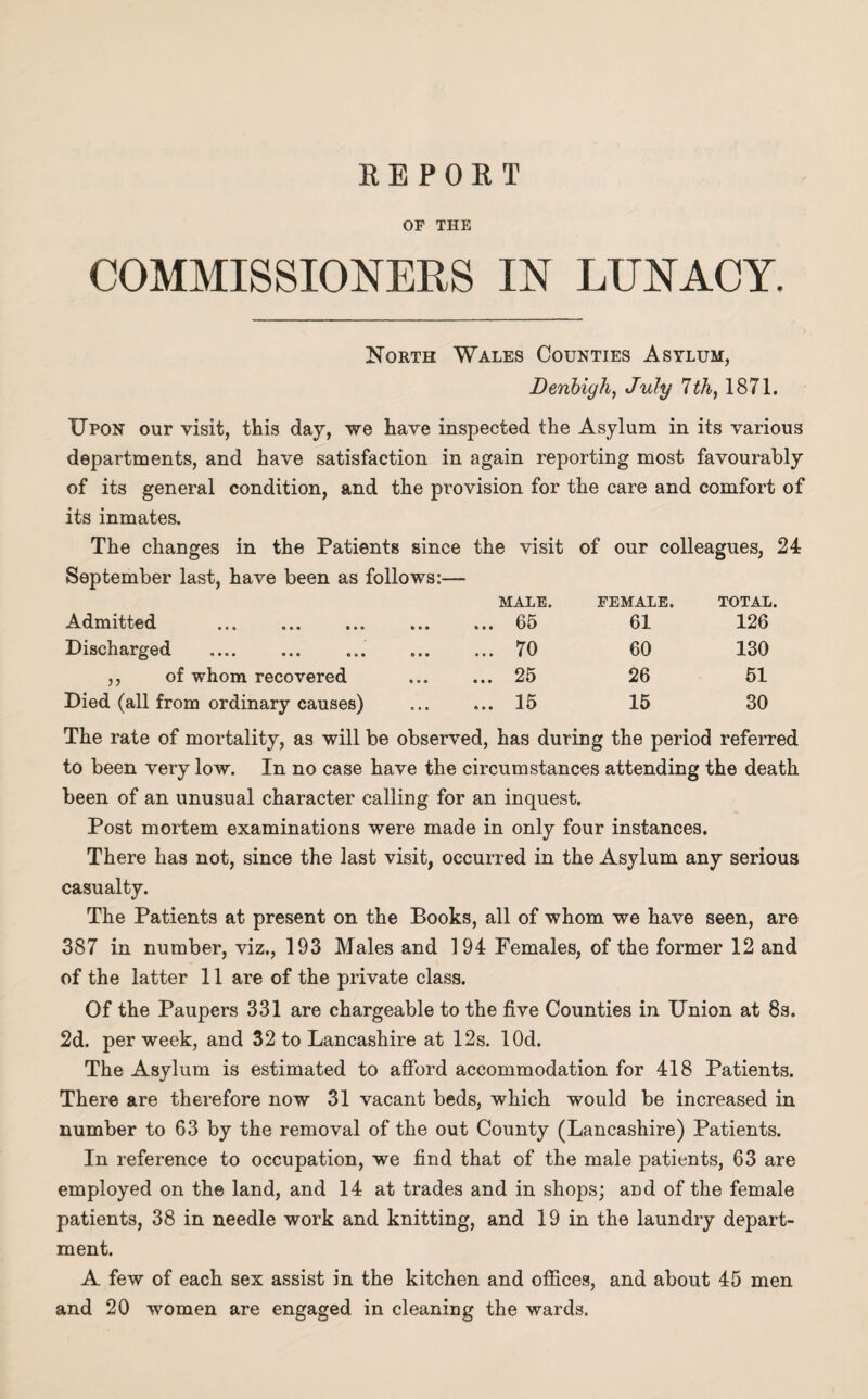 OF THE COMMISSIONERS IN LUNACY. North Wales Counties Asylum, Denbigh, July 7 th, 1871. Upon our visit, this day, we have inspected the Asylum in its various departments, and have satisfaction in again reporting most favourably of its general condition, and the provision for the care and comfort of its inmates. The changes in the Patients since the visit of our colleagues, 24 September last, have been as follows:— MALE. FEMALE. TOTAL. Admitted . ... 65 61 126 Discharged .. ... 70 60 130 ,, of whom recovered ... 25 26 51 Died (all from ordinary causes) ... 15 15 30 The rate of mortality, as will be observed, has during the period referred to been very low. In no case have the circumstances attending the death been of an unusual character calling for an inquest. Post mortem examinations were made in only four instances. There has not, since the last visit, occurred in the Asylum any serious casualty. The Patients at present on the Books, all of whom we have seen, are 387 in number, viz., 193 Males and 194 Females, of the former 12 and of the latter 11 are of the private class. Of the Paupers 331 are chargeable to the five Counties in Union at 8s. 2d. per week, and 32 to Lancashire at 12s. lOd. The Asylum is estimated to afford accommodation for 418 Patients. There are therefore now 31 vacant beds, which would be increased in number to 63 by the removal of the out County (Lancashire) Patients. In reference to occupation, we find that of the male patients, 63 are employed on the land, and 14 at trades and in shops; and of the female patients, 38 in needle work and knitting, and 19 in the laundry depart¬ ment. A few of each sex assist in the kitchen and offices, and about 45 men and 20 women are engaged in cleaning the wards.