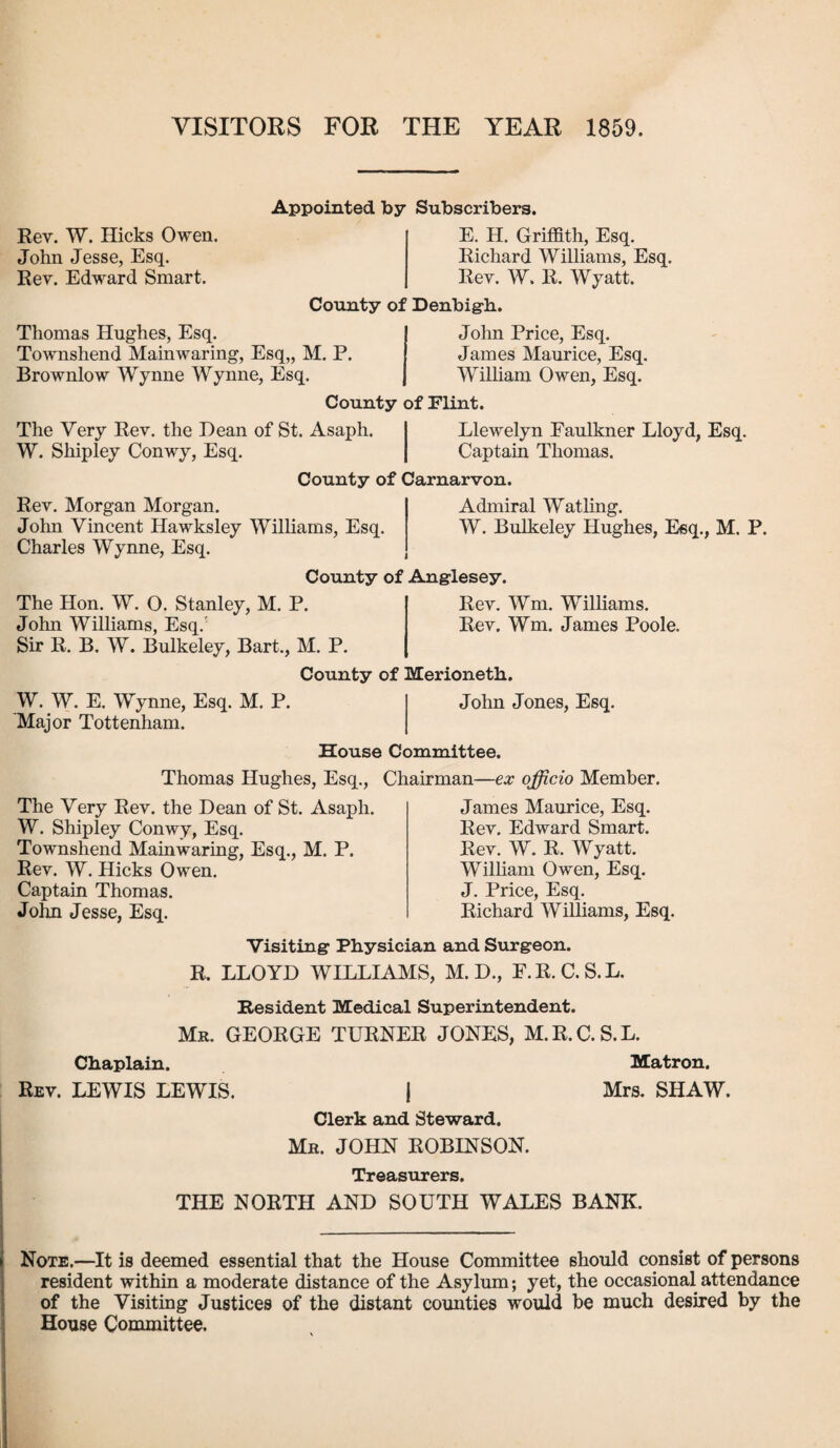 VISITORS FOR THE YEAR 1859. Rev. W. Hicks Owen. John Jesse, Esq. Rev. Edward Smart. Thomas Hughes, Esq. Townshend Mainwaring, Esq,, M. P Brownlow Wynne Wynne, Esq. Appointed by Subscribers. E. H. Griffith, Esq. Richard Williams, Esq. Rev. W. R. Wyatt. County of Denbigh. John Price, Esq. James Maurice, Esq. William Owen, Esq. County of Flint. The Very Rev. the Dean of St. Asaph W. Shipley Conwy, Esq. Rev. Morgan Morgan. John Vincent Hawksley Williams, Esq. Charles Wynne, Esq. County of Anglesey. Llewelyn Faulkner Lloyd, Esq. Captain Thomas. County of Carnarvon. Admiral Watling. W. Bulkeley Hughes, Eeq., M. P. The Hon. W. O. Stanley, M. P. John Williams, Esq/ Sir R. B. W. Bulkeley, Bart., M. P. County of Merioneth. Rev. Wm. Williams. Rev. Wm. James Poole. W. W. E. Wynne, Esq. M. P. 'Major Tottenham. John Jones, Esq. House Committee. Thomas Hughes, Esq., Chairman—ex officio Member. The Very Rev. the Dean of St. Asaph. W. Shipley Conwy, Esq. Townshend Mainwaring, Esq., M. P. Rev. W. Hicks Owen. Captain Thomas. John Jesse, Esq. James Maurice, Esq. Rev. Edward Smart. Rev. W. R. Wyatt. William Owen, Esq. J. Price, Esq. Richard Williams, Esq. Visiting Physician and Surgeon. R, LLOYD WILLIAMS, M. D., F.R.C.S.L. Resident Medical Superintendent. Mr. GEORGE TURNER JONES, M.R.C.S.L. Chaplain. Matron. Rev. LEWIS LEWIS. j Mrs. SHAW. Clerk and Steward. Mr. JOHN ROBINSON. Treasurers. THE NORTH AND SOUTH WALES BANK. Note.—It is deemed essential that the House Committee should consist of persons resident within a moderate distance of the Asylum; yet, the occasional attendance of the Visiting Justices of the distant counties would be much desired by the House Committee.