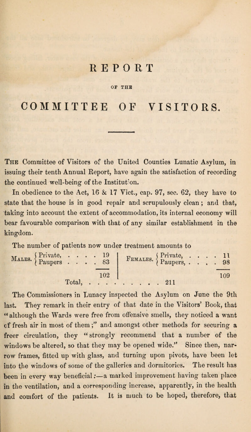 REPORT OF THE COMMITTEE OF VISITORS. The Committee of Visitors of the United Counties Lunatic Asylum, in issuing their tenth Annual Report, have again the satisfaction of recording the continued well-being of the Institutron. In obedience to the Act, 16 & 17 Viet., cap. 97, sec. 62, they have to state that the house is in good repair and scrupulously clean; and that, taking into account the extent of accommodation, its internal economy will bear favourable comparison with that of any similar establishment in the kingdom. The number of patients now under treatment amounts to Males. Private, Paupers . 19 . 83 Females. ( Private, . . ( Paupers, . . . . 11 , . 98 Total, 102 211 109 The Commissioners in Lunacy inspected the Asylum on June the 9th last. They remark in their entry of that date in the Visitors’ Book, that “ although the Wards were free from offensive smells, they noticed a want of fresh air in most of themand amongst other methods for securing a freer circulation, they “ strongly recommend that a number of the windows be altered, so that they may be opened wide.” Since then, nar¬ row frames, fitted up with glass, and turning upon pivots, have been let into the windows of some of the galleries and dormitories. The result has been in every way beneficial:—a marked improvement having taken place in the ventilation, and a corresponding increase, apparently, in the health and comfort of the patients. It is much to be hoped, therefore, that