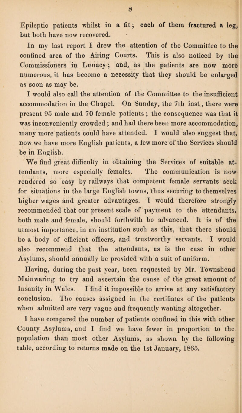 Epileptic patients whilst in a fit; each of them fractured a leg, but both have now recovered. In my last report I drew the attention of the Committee to the confined area of the Airing Courts. This is also noticed by the Commissioners in Lunacy; and, as the patients are now more numerous, it has become a necessity that they should be enlarged as soon as may be. I would also call the attention of the Committee to the insufficient accommodation in the Chapel. On Sunday, the 7th inst, there were present 95 male and 70 female patients ; the consequence was that it was inconveniently crowded ; and had there been more accommodation, many more patients could have attended. I would also suggest that, now we have more English patients, a few more of the Services should be in English. We find great difficulty in obtaining the Services of suitable at¬ tendants, more especially females. The communication is now rendered so easy by railways that competent female servants seek for situations in the large English towns, thus securing to themselves higher wages and greater advantages. I would therefore strongly recommended that our present scale of payment to the attendants, both male and female, should forthwith be advanced. It is of the utmost importance, in an institution such as this, that there should be a body of efficient officers, and trustworthy servants. I would also recommend that the attendants, as is the case in other Asylums, should annually be provided with a suit of uniform. Having, during the past year, been requested by Mr. Townshend Mainwaring to try and ascertain the cause of the great amount of Insanity in Wales. I find it impossible to arrive at any satisfactory conclusion. The causes assigned in the certifiates of the patients when admitted are very vague and frequently wanting altogether. I have compared the number of patients confined in this with other County Asylums, and I find we have fewer in proportion to the population than most other Asylums, as shown by the following table, according to returns made on the 1st January, 1865.