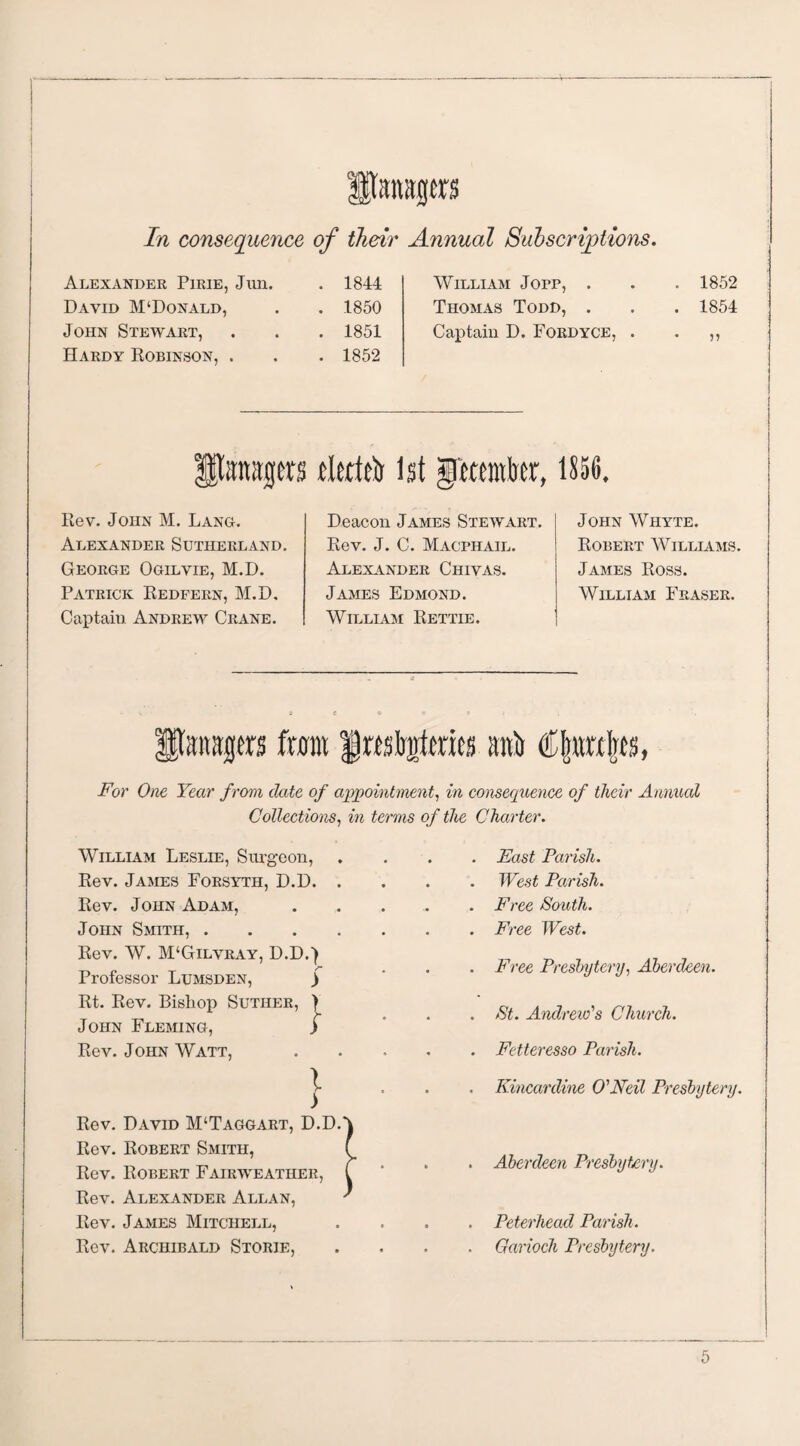 1 llanaps In consequence of their Annual Subscriptions. Alexander Pirie, Jun. . 1844 William Jopp, . . . 1852 David M‘Donald, . 1850 Thomas Todd, . . . 1854 John Stewart, . 1851 Captain D. Fordyce, . . ,, Hardy Robinson, . . 1852 itsnaps tlttfa 1st grmrote, 1856. Rev. John M. Lang. Deacon James Stewart. John Whyte. Alexander Sutherland. Rev. J. C. Macphail. Robert Williams. George Ogilvie, M.D. Alexander Chivas. James Ross. Patrick Redfern, M.D, James Edmond. William Fraser. Captain Andrew Crane. William Rettie. a e 9 • t ftaps faro |rfagtraes anti For One Year from date of appointment, in consequence of their Annual Collections, in terms of the Charter. William Leslie, Surgeon, . . Fast Parish. Rev. James Forsyth, D.D. . West Parish. Rev. John Adam, • • . Free South. John Smith, . • • . Free West. Rev. W. M‘Gilvray, D.D.) Professor Lumsden, ) . . Free Presbytery, Aberdeen. Rt. Rev. Bishop Sutiier, John Fleming, } • . St. Andrew's Church. Rev. John Watt, • . . Fetteresso Parish. l . i . . Kincardine O'Neil Presbytery. Rev. David M‘Taggart, D.DA Rev. Robert Smith, ( Rev. Robert Fairweatiier, C . . Aberdeen Presbytery. Rev. Alexander Allan, Rev. James Mitchell, • a . . Peterhead Parish. Rev. Archibald Storie, • t . . Garioch Presbytery.