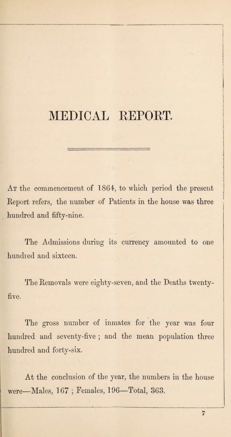 I MEDICAL REPORT. At the commencement of 1864, to which period the present Report refers, the number of Patients in the house was three hundred and fifty-nine. The Admissions during its currency amounted to one hundred and sixteen. The Removals were eighty-seven, and the Deaths twenty- five. The gross number of inmates for the year was four hundred and seventy-five ; and the mean population three hundred and forty-six. At the conclusion of the year, the numbers in the house were—Males, 167 ; Females, 196—Total, 863.