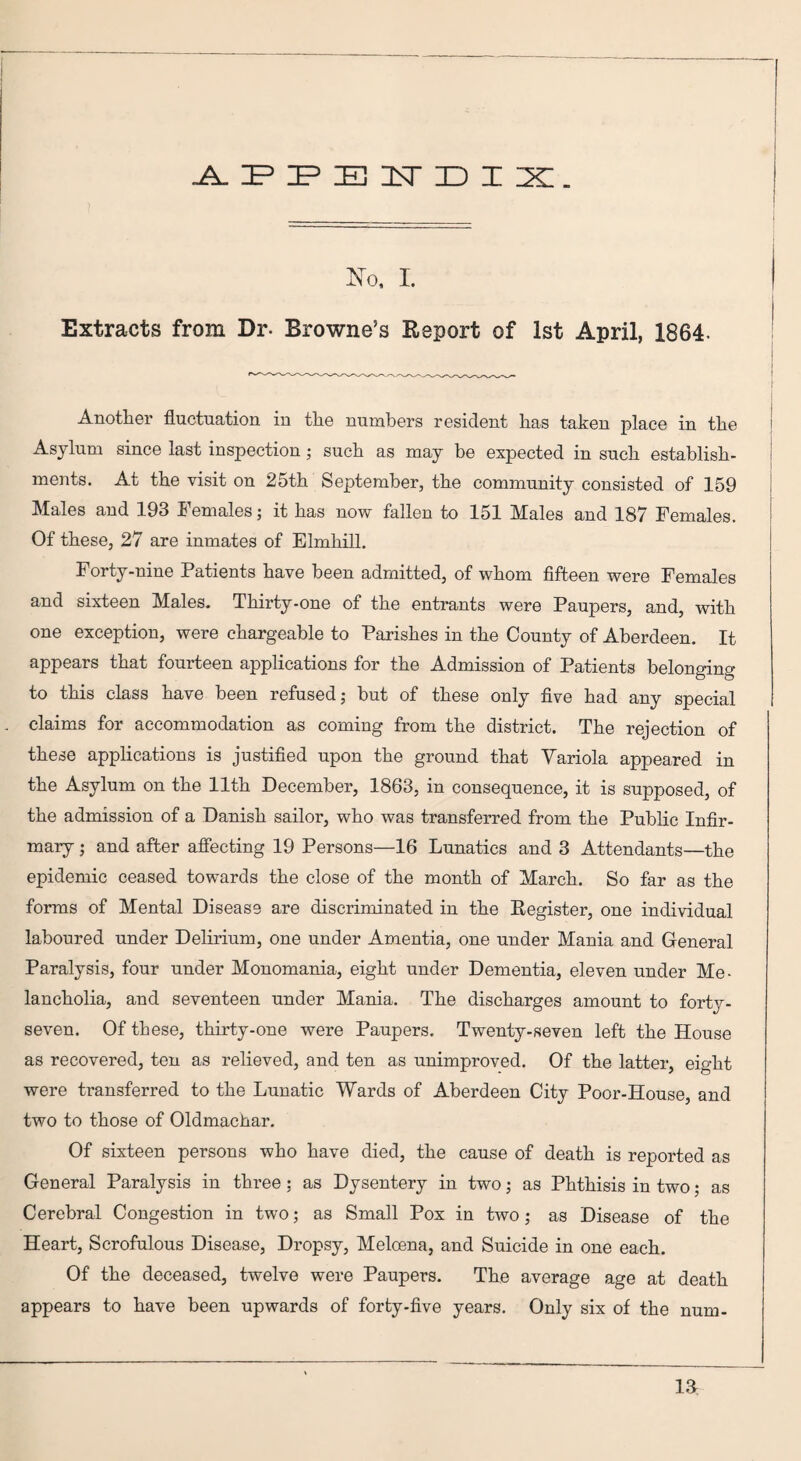 APPENDIX. No, I. Extracts from Dr- Browne’s Report of 1st April, 1864. Another fluctuation in the numbers resident has taken place in the Asylum since last inspection; such as may be expected in such establish¬ ments. At the visit on 25th September, the community consisted of 159 Males and 193 Females; it has now fallen to 151 Males and 187 Females. Of these, 27 are inmates of Elmhill. Forty-nine Patients have been admitted, of whom fifteen were Females and sixteen Males. Thirty-one of the entrants were Paupers, and, with one exception, were chargeable to Parishes in the County of Aberdeen. It appears that fourteen applications for the Admission of Patients belonging to this class have been refused; but of these only five had any special claims for accommodation as coming from the district. The rejection of these applications is justified upon the ground that Yariola appeared in the Asylum on the 11th December, 1863, in consequence, it is supposed, of the admission of a Danish sailor, who was transferred from the Public Infir¬ mary ; and after affecting 19 Persons—16 Lunatics and 3 Attendants—the epidemic ceased towards the close of the month of March. So far as the forms of Mental Disease are discriminated in the Register, one individual laboured under Delirium, one under Amentia, one under Mania and General Paralysis, four under Monomania, eight under Dementia, eleven under Me¬ lancholia, and seventeen under Mania. The discharges amount to forty- seven. Of these, thirty-one were Paupers. Twenty-seven left the House as recovered, ten as relieved, and ten as unimproved. Of the latter, eight were transferred to the Lunatic Wards of Aberdeen City Poor-House, and two to those of Oldmachar. Of sixteen persons who have died, the cause of death is reported as General Paralysis in three; as Dysentery in two; as Phthisis in two; as Cerebral Congestion in two; as Small Pox in two; as Disease of the Heart, Scrofulous Disease, Dropsy, Meloena, and Suicide in one each. Of the deceased, twelve were Paupers. The average age at death appears to have been upwards of forty-five years. Only six of the num-