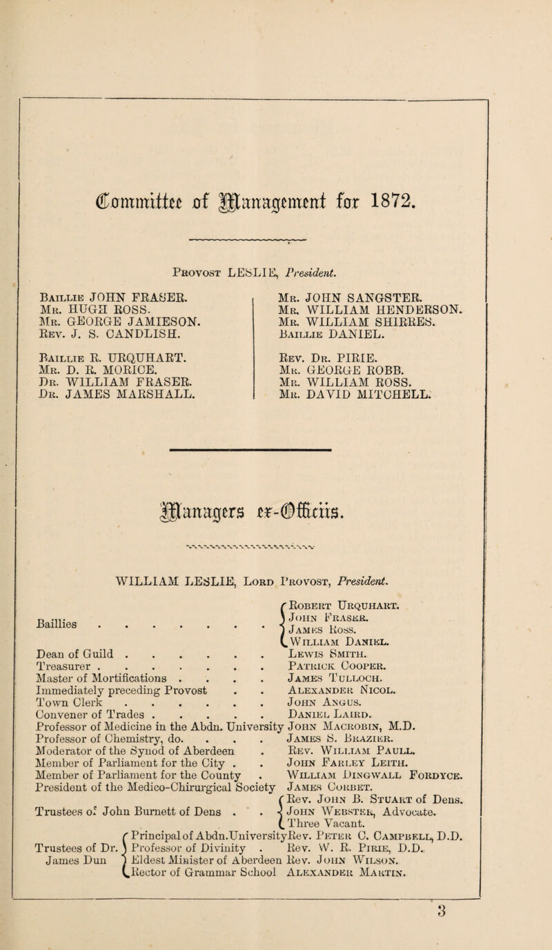 Comnutije of 'ffiimagramf for 1872. Provost LESLIE, President. Baillie JOHN FRASER. Mr. HUGH ROSS. Mr. GEORGE JAMIESON. Rev. J. S. CANDLISH. Baillie R. URQUHART. Mr. D. R. MORICE. Dr. WILLIAM FRASER. Hr. JAMES MARSHALL. Mr. JOHN SANGSTER. Mr. WILLIAM HENDERSON. Mr. WILLIAM SHIRRES. Baillie DANIEL. Rev. Dr. PIRIE. Mr. GEORGE ROBB. Mr. WILLIAM ROSS. Mr. DAVID MITCHELL. WILLIAM LESLIE, Lord Provost, President. Baillies. Dean of Guild . . . . Treasurer. Master of Mortifications . Immediately preceding Provost Town Clerk . . . . Convener of Trades . r Robert Urquhart. \ John Fraser. 1 James Ross. (.William Daniel. Lewis Smith. Patrick Cooper. James Tulloch. Alexander Nicol. John Angus. Daniel Laird. Professor of Medicine in the Abdn. University John Macrobin, M.D. James S. Brazier. Rev. William Paull. John Farley Leith. William Dingwall Fordyce. James Corbet. fRev. John B. Stuart of Dens. 4 John Webster, Advocate. I Three Vacant, r Principal of Abdn.UniversityRev. Peter C. Campbell, D.D. Trustees of Dr. \ Professor of Divinity . Rev. W. R. Pirie, D.D. James Dun 1 Eldest Minister of Aberdeen Rev. John Wilson. C Rector of Grammar School Alexander Martin. Professor of Chemistry, do. Moderator of the Synod of Aberdeen Member of Parliament for the City . Member of Parliament for the County President of the Medico-Chirurgical Society Trustees of John Burnett of Dens