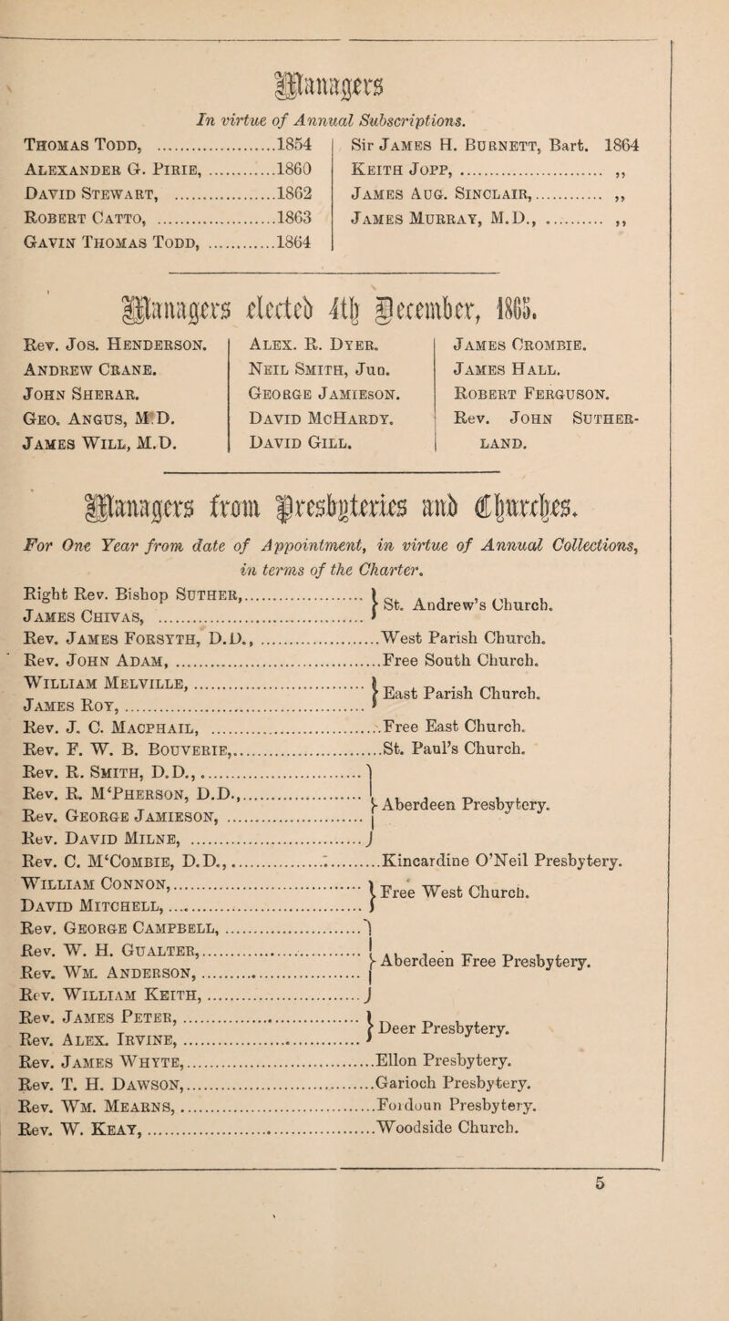 In virtue of Annual Subscriptions. Thomas Todd, .1854 Alexander G. Pirie,.1860 David Stewart, .1862 Robert Catto, .1863 Gavin Thomas Todd, .1864 Sir James H. Burnett, Bart. 1864 Keith Jopp,. „ James Aug. Sinclair,. ,, James Murray, M.D., . ,, Utitiiagjis flcctcb iti] getemter, iiS. Rev. Jos. Henderson. Andrew Crane. John Sherar. Geo. Angus, M;D. James Will, M.D. Alex. R. Dyer. Neil Smith, Jud. George Jamieson. David McHardy. David Gill. James Crombib. James Hall. Robert Ferguson. Rev. John Suther¬ land. gtsnagers from frestjitmrs ant Cljttrdjrs. For One Year from date of Appointment, in virtue of Annual Collections, in terms of the Charter. Right Rev. Bishop SUTHER,. I o.. a i i ° ^ * ’ ?■ St. Andrew’s Church. James Chivas, .> Rev. James Forsyth, D.D.,.West Parish Church. Rev. John Adam, .Free South Church. William Melville,.8 „ ™ , ^ ^ ’ ? East Parish Church. James Roy,.* Rev. J. C. Macphail, .Free East Church. Rev, F. W. B. Bouverie,.St. Paul’s Church. Rev. R. Smith, D.D.,.1 Rev. K M‘Pherson, D.D.,. [ „ , , ^ ^ ^ Aberdeen Presbytery. Rev. George Jamieson, .j Rev. David Milne, .j Rev. C. M‘Combie, D.D,,.‘..Kincardine O’Neil Presbytery. WILLIAM CONNON,. . David Mitchell,.3 Rev, George Campbell,.') Rev. W. H. GUALTER, Rev. Wm. Anderson, , Rt v. William Keith, Rev. James Peter, .... Rev. Alex. Irvine, .... Rev. James Whyte,... Rev. T. H. Dawson,... Rev. Wm. Mearns, .... Rev. W. Keay,. Aberdeen Free Presbytery. } I” Deer Presbytery. ..Ellon Presbytery. ..Garioch Presbytery. ...Foiduun Presbytery. ...Woodside Church.