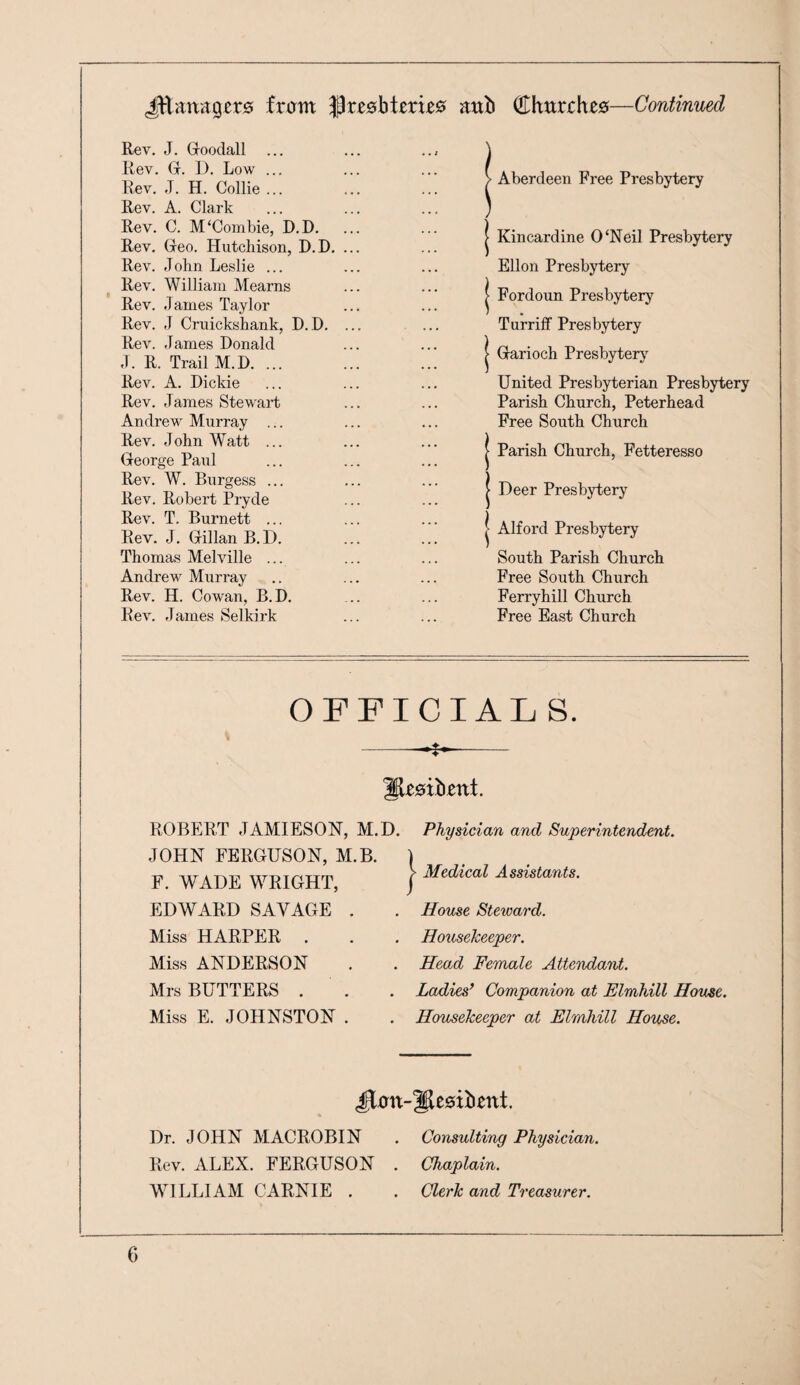 from ^xzshitxxz^ atib ^huxchzsi—Continued Rev. J. Gooclall Rev, (x. 1). Low ... Rev. J. H. Collie ... Rev. A. Clark Rev. C. M'Combie, D.D. Rev. Greo. Hutchison, D.D, Rev. John Leslie ... Rev. William Mearns Rev. James Taylor Rev. J Cruickshank, D.D, Rev. James Donald J. R. Trail M.D. ... Rev. A. Dickie Rev. James Stewart Andrew Murray ... Rev. John Watt ... George Paul Rev. W. Burgess ... Rev. Robert Pryde Rev. T. Burnett ... Rev. J. Gillan B.D. Thomas Melville ... Andrew Murray Rev. H. Cowan, B.D, Rev. James Selkirk Aberdeen Free Presbytery Kincardine 0‘Neil Presbytery Ellon Presbytery Fordoun Presbytery Turriff Presbytery Garioch Presbyter}' United Presbyterian Presbytery Parish Church, Peterhead Free South Church Parish Church, Fetteresso Deer Presbytery I Alford Presbytery South Parish Church Free South Church Ferryhill Church Free East Church OFFICIALS. -^- esibent. ROBERT JAMIESON, M.D. Physician and Superintendent. JOHN FERGUSON, M.B. F. WADE WRIGHT, EDWARD SAVAGE Miss HARPER . Miss ANDERSON Mrs BUTTERS . Miss E. JOHNSTON Medical Assistants. House Steivard. Housekeeper. Head Female Attendant. Ladies* Companion at Elmhill House. Housekeeper at Elmhill House. Dr. JOHN MACROBIN Rev. ALEX. FERGUSON WHLLIAM CARNIE . Consulting Physician. Chaplain. Clerk and Treasurer.