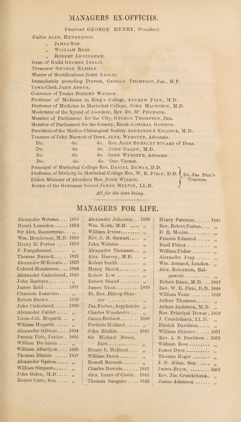 MANAGERS EX-OFFICIIS Provost GEORGE HENRY, President. Baillie Alex. Henderson. ,, James Sim. „ William Ross. „ Robert Ledingham, Dean of Guild George Inglis. Treasurer George Elmsly. Master of Mortifications John Leslie. Immediately preceding Provost, George Thompson, Jun., M.P. Town-Clerk John Angus. Convener of Trades Robert Watson. Professor of Medicine in King’s College, Andrew' Fyfe, M.D. Professor of Medicine in Marischal College, John Macfobin, M.D- Moderator of the Synod of Aberdeen, Rev Dr. M‘ Pherson. Member of Parliament for the City, George Thompson, Jun. Member of Parliament for the County, Rear-Admiral Gordon. President of the Medico-Chirurgical Society Alexander Kilgour, M.D. Trustees of John Burnett of Dens, Alex. Webster, Advocate. Do. do. do. Rev. John Burnett Stuart of Dens. Do. do. do. John Galen, M.D. Do. do. do. John Webster, Advocate. Do. do. do. One Vacant. Principal of Marischal College Rev. Daniel Dewar, D.D. \ Professor of Divinity in Marischal College Rev. W. R. Pirie, D.D, ( pr jas puu’s Eldest Minister of Aberdeen Rev. John Wilson. f Trustees. Rector of the Grammar School James Melvin, LL.D. / All for the time being. MANAGERS FOR LIFE Alexander Webster_1810 Henry Lumsden.1813 Sir Alex. Bannerman.. ,, Win. Henderson, M.D. 181G Henry D. Forbes.1810 P. Farquharson. ,, Thomas Burnett.1821 Alexander M‘Kenzie... 1823 Colonel Henderson.... 1824 Alexander Cadenhead.. 1825 John Raeburn. „ James Reid.1831 Clements Lumsden.... ,, Robert Brown.1832 John Cadenhead. 1833 j Alexander Calder. „ Lieut.-Col. Hogarth .. „ William Hogarth. ,, Alexander Gibbon .... 1834 Patrick Pirie, Junior.. 1830 William Davidson .... ,, William Allardyce.1836 Thomas Blaikie.1837 Alexander Ogston. ,, William Simpson. „ John Galen, M.D. ,, Robert Catto, Sen. „ Alexander Johnston .. 1838 Wm. Keith, M.D. J? William Irvine. J? Rev. J. B. Stewart. >> John Webster. JJ Alexander Thomson .. >> Alex. Harvey, M.D. .. >> Robert Smith. >> Henry Shank. yy Robert Low. D Robert Shand. yy James Nicoi. 1839 Rt. Rev. Bishop Skin- ner.. Jas. Forbes, Argyllshire » Charles Winchester.... yy J ames Brebner. 1840 F rederic FI ollancl. yy John Blaikie. 1841 Sir Michael Bruce, Bart. yy Henry L. Holland .... yy William Innes. yy Newell Burnett. yy Charles Downie. 1842 Alex. Innes of Cowie.. 1843 Thomas Sangster. 1843 Henry Paterson. 1845 Rev. Robert Forbes.... yy D. R. Morice. yy Francis Edmond. yy Basil Fisher. yy William Fisher.. yy Alexander Jopp. yy Wm. Annand, London. yy Alex. Robertson, Bal- gownie. yy Robert Daun, M.D, .. 1847 Rev. W. R. Pirie, D.D. 1848 William Yeats.1840 Arthur Thomson. „ Arthur Anderson, M.D. ,, Rev. Principal Dewar.. 1850 J. Cruickshank, LL.D. ,, Patrick Davidson. „ William Skinner.1851 Rev. A. D. Davidson . .1852 William Ross. „ James Dyce. ,, Thomas Roger . „ J. D. Milne, Sen. „ James Bryce, .1853 Rev. Jas. Cruickshank.. ,, James Adamson. ,,