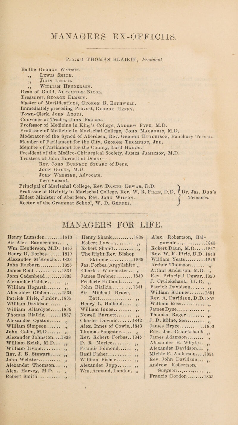 MANAGERS EX-OFFICIIS Provost THOMAS BLAIKIE, President, Baillie George Watson. ,, Lewis Smith. ,, John Leslie. ,, William Henderson. Dean of Guild, Alexander Nicol. Treasurer, George Elmsly. Master of Mortifications, George B. Bothwell. Immediately preceding Provost, George Henry. Town-Clerk, John Angus. Convener of Trades, John Fraser. Professor of Medicine in King’s College, Andrew Fy’fe, M.D. Professor of Medicine in Marischal College, John Macrobin, M.D, Moderator of the Synod of Aberdeen, Rev. George Hutchison, Banchory Ternan. Member of Parliament for the City, George Thompson, Jun. Member of Parliament for the County, Lord Haddo. President of the Medieo-Chirurgical Society, James Jamieson, M.D. Trustees of John Burnett of Dens :— Rev. John Burnett Stuart of Dens. John Galen, M.D. John Webster, Advocate. Two Vacant. Principal of Marischal College, Rev. Daniel Dewar, D,D. A Professor of Divinity in Marischal College, Rev. W. R. Pirie, D.D. f Dr. Jas. Dun’s Eldest Minister of Aberdeen, Rev. John Wilson. £ Trustees. Rector of the Grammar School, W. D. Geddes. J MANAGERS FOR LIFE. Henry Lumsden.1813 Sir Alex Bannerman.. ,, Wm. Henderson, M.D. 1816 Henry D. Forbes.1819 Alexander M‘Kenzie... 1823 John Raeburn.1825 James Reid.1831 John Cadenhead....1833 Alexander Calder. ,, William Hogarth. ,, Alexander Gibbon.1834 Patrick Pirie, Junior.. 1835 William Davidson. ,, William Allardyce.1836 Thomas Blaikie...1837 Alexander Ogston. ,, William Simpson. ,, John Galen, M.D. ,, Alexander Johnston.. ..1838 William Keith, M.D... ,, William Irvine. ,, Rev. J. B. Stewart. ,, John Webster. ,, Alexander Thomson... ,, Alex. Harvey, M.D. .. ,, Robert Smith . ,, Henry Shank.1838 Robert Low,. ... ,, Robert Shand. ,, The Right Rev. Bishop Skinner.. 1839 Jas. Forbes,'Argyllshire ,, Charles Winchester.. „ James Brebner.1840 Frederic Holland. ,, John Blaikie,.1841 Sir Michael Bruce, Bart. ,, Henry L. Holland.... ,, * William Innes. ,, Newell Burnett. ,, Charles Downie.1842 Alex. Innes of Cowie.,1843 Thomas Sangster. „ Rev. Robert Forbes.. 1845 D. R. Morice. ,, Francis Edmond.. ,, Basil Fisher. ,, William Fisher.. Alexander Jopp. ,, Wm. Annand, London. ,, Alex. Robertson, Bal- gownie.1845 Robert Daun, M.D.1847 Rev. W. R. Pirie, D.D. 1848 William Yeats.1849 Arthur Thomson. „ Arthur Anderson, M.D. ., Rev. Principal Dewar.,1850 J. Cruickshank, LL.D, ,, Patrick Davidson. ,, William Skinner.1851 Rev. A. Davidson, D.D.1852 William Ross. ,, James Dyce. „ Thomas Roger. „ J. D. Milne, Sen. ,, James Bryce.1853 Rev. Jas. Cruickshank ,, James Adamson. ,, Alexander B. Whyte., ,, Alexander Davidson... ,, Michie F. Anderson... .1854 Rev. John Davidson... ,, Andrew Robertson, Surgeon. „ Francis Gordon....1855