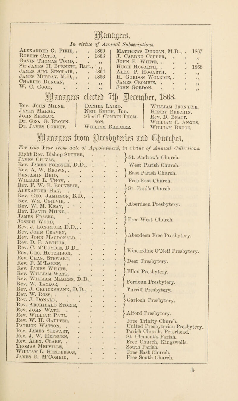 Iltoagra, Alexander G. Pirie, . Robert Catto, Gavin Thomas Todd, . Sir James H. Burnett, Bart., James Aug. Sinclair, . James Murray, M.D.,. Charles Duncan, W. C. Good, Subscriptions. Matthews Duncan, M.D., J. Cardno Couper, John F. White, . Hugh Hogarth, . Alex. P. Hogarth, H. Gordon Wolrige, . James Crombie, . John Gordon, In virtue of Annual 1860 1863 55 1864 1866 55 Utanagm flerteir 7tlj ili'ennkr, 1868. 1867 55 1868 55 5 5 55 55 Rev. John Milne. James Marsh. John Sherar. Dr. Geo. G. Brown. Dr. James Corbet. Daniel Laird. Neil Smith, Jun. Sheriff Comrie Thom¬ son. William Brebner. William Ironside. Henry Brechin. Rev. D. Beatt. William C. Angus. William Bruce. ifanagm from f) rat n tees ant Clnteres, For One Year from date of Appointment, in virtue of Annual Collections. Richt Rev. Bishop Suther, James Chivas, Rev. James Forsyth, D.D., Rev. A. W. Brown, . Benjamin Reid, William L. Thom, . Rev. F. W. B. Bouverie Alexander Hay, . Rev. Geo. Jamieson, B.D Rev. Wm. Ogilvie, . Rev. W. M. Keay, . ’ Rev. David Milne, . J ames Fraser, Joseph Wood, Rev. J. Longmuir, D.D,, Rev. John Craven, Rev. John Macdonald, Rev. D. F. Arthur, Rev. C. M‘Combie, D.D., Rev. Geo. Hutchison, Rev. Chas. Stewart, Rev. P. M‘Laren, . Rev. James Whyte, Rev. William Watt, Rev. William Mearns, D.D., Rev. W. Taylor, Rev. J. Cruickshank, D.D. Rev. W. Ross, . Rev. J. Donald, Rev. Archibald Storie. Rev. John Watt, Rev. William Paul, Rev. W. H. Gaulter, Patrick Watson, . Rev. James Stewart, Rev. J. W. Hepburn, Rev. Alex. Clark, . Thomas Melville, William L. Henderson, James B. M‘Combie, j- St. Andrew’s Church. West Parish Church. / East Parish Church. Free East Church, j- St. Paul’s Church. \Aberdeen Presbytery. | Free West Church. ^•Aberdeen Free Presbytery. | Kincardine O’Neil Presbytery. | Deer Presbytery. | Ellon Presbytery. j- Fordoun Presbytery. Turriff Presbytery. j>Garioch Presbytery. j Alford Presbytery. Free Trinity Church. United Presbyterian Presbytery, Parish Church, Peterhead. St. Clement’s Parish. Free Church, Kingswells. South Parish. Free East Church. Free South Church.