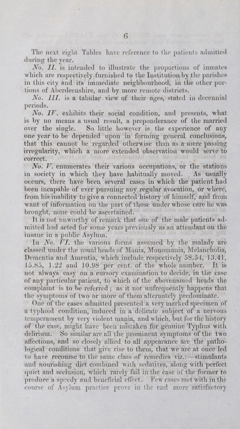 G The next eight Tables have reference to the patients admitted during the year. No. II. is intended to illustrate the proportions of inmates which are respectively furnished to the Institution by the parishes in this city and its immediate neighbourhood, in the other por¬ tions of Aberdeenshire, and by more remote districts. No. 111. is a tabular view of their ages, stated in decennial periods. No. IV. exhibits their social condition, and presents, what is by no means a usual result, a preponderance of the married over the single. So little however is the experience of any one year to be depended upon in forming general conclusions, that this cannot be regarded otherwise than as a mere passing- irregularity, which a more extended observation would serve to correct. No. V. enumerates their various occupations, or the stations in society in which they have habitually moved. As usually occurs, there have been several cases in which the patient had been incapable of ever pursuing any regular avocation, or where, from his inability to give a connected history of himself, and from want of information on the part of those under whose care he was brought, none could be ascertained. It is not unworthy of remark that one of the male patients ad¬ mitted had acted for some years previously as an attendant on the insane in a public Asylum. In No. VI. the various forms assumed by the malady are classed under the usual heads of Mania, Monomania, Melancholia, Dementia and Amentia, which include respectively 58.54, 13.41, 15.85, 1.22 and 10.98 per cent, of the whole nnmber. It is not always easy on a cursory examination to decide, in the case of any particular patient, to which of the abovenamed heads the complaint is to be referred; as it not unfrequently happens that the symptoms of two or more of them alternately predominate. One of the cases admitted presented a very marked specimen of a typhoid condition, induced in a delicate subject of a nervous temperament by very violent mania, and which, but for the history of the case, might have been mistaken for genuine Typhus with delirium. So similar are all the prominent symptoms of the two affections, and so closely allied to all appearance are the patho¬ logical conditions that give rise to them, that we are at once led to have recourse to the same class of remedies viz.:—stimulants and nourishing diet combined with sedatives, along with perfect quiet and seclusion, which rarely fail in the case of the former to produce a speedy and beneficial effect. Few cases met with in the course of Asylum practice prove in the end more satisfactory