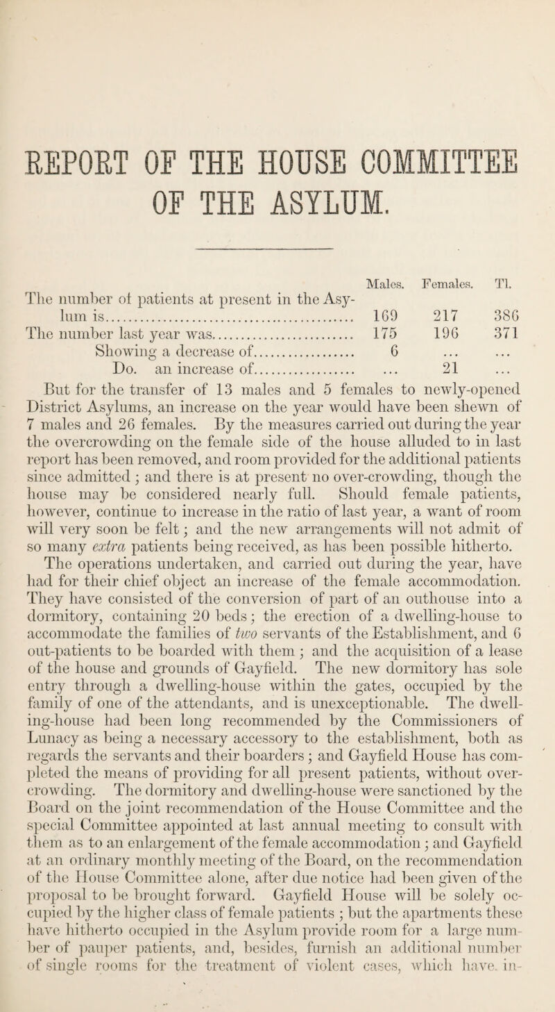 REPORT OF THE HODSE COMMITTEE OF THE ASYLUM. The number ol patients at present in the Asy- Males. Females. Tl. lum is... 169 217 386 The number last year was. 175 196 371 Showing a decrease of. 6 • • • • • • Do. an increase of. ... 21 But for the transfer of 13 males and 5 females to newly-opened District Asylums, an increase on the year would have been shewn of 7 males and 26 females. By the measures carried out during the year the overcrowding on the female side of the house alluded to in last report has been removed, and room provided for the additional patients since admitted ; and there is at present no over-crowding, though the house may be considered nearly full. Should female patients, however, continue to increase in the ratio of last year, a want of room will very soon be felt; and the new arrangements will not admit of so many extra patients being received, as has been possible hitherto. The operations undertaken, and carried out during the year, have had for their chief object an increase of the female accommodation. They have consisted of the conversion of part of an outhouse into a dormitory, containing 20 beds; the erection of a dwelling-house to accommodate the families of two servants of the Establishment, and 6 out-patients to be boarded with them ; and the acquisition of a lease of the house and grounds of Gayfield. The new dormitory has sole entry through a dwelling-house within the gates, occupied by the family of one of the attendants, and is unexceptionable. The dwell¬ ing-house had been long recommended by the Commissioners of Lunacy as being a necessary accessory to the establishment, both as regards the servants and their boarders ; and Gayfield House has com¬ pleted the means of providing for all present patients, without over¬ crowding. The dormitory and dwelling-house were sanctioned by the Board on the joint recommendation of the House Committee and the special Committee appointed at last annual meeting to consult with them as to an enlargement of the female accommodation; and Gayfield at an ordinary monthly meeting of the Board, on the recommendation of the House Committee alone, after due notice had been given of the proposal to be brought forward. Gayfield House will be solely oc¬ cupied by the higher class of female patients ; but the apartments these have hitherto occupied in the Asylum provide room for a large num¬ ber of pauper patients, and, besides, furnish an additional number of single rooms for the treatment of violent cases, which have, in-