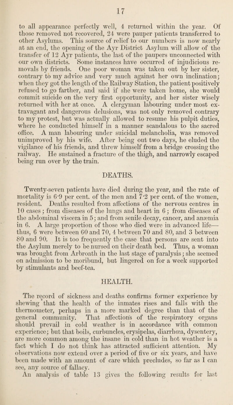 to all appearance perfectly well, 4 returned within the year. Of those removed not recovered, 24 were pauper patients transferred to other Asylums. This source of relief to our numbers is now nearly at an end, the opening of the Ayr District Asylum will allow of the transfer of 12 Ayr patients, the last of the paupers unconnected with our own districts. Some instances have occurred of injudicious re¬ movals by friends. One poor woman was taken out by her sister, contrary to my advice and very much against her own inclination; when they got the length of the Kailway Station, the patient positively refused to go farther, and said if she were taken home, she would commit suicide on the very first opportunity, and her sister wisely returned with her at once. A clergyman labouring under most ex¬ travagant and dangerous delusions, was not only removed contrary to my protest, but was actually allowed to resume his pulpit duties, where he conducted himself in a manner scandalous to the sacred office. A man labouring under suicidal melancholia, was removed unimproved by his wife. After being out two days, he eluded the vigilance of his friends, and threw himself from a bridge crossing the railway. He sustained a fracture of the thigh, and narrowly escaped being run over by the train. DEATHS. Twenty-seven patients have died during the year, and the rate of mortality is 6'9 per cent, of the men and 7*2 per cent, of the women, resident. Deaths resulted from affections of the nervous centres in 10 cases ; from diseases of the lungs and heart in 6; from diseases of the abdominal viscera in 5; and from senile decay, cancer, and anaemia in 6. A large proportion of those who died were in advanced life— thus, 6 were between 60 and 70, 4 between 70 and 80, and 3 between 80 and 90. It is too frequently the case that persons are sent into the Asylum merely to be nursed on their death bed. Thus, a woman was brought from Arbroath in the last stage of paralysis; she seemed on admission to be moribund, but lingered on for a week supported by stimulants and beef-tea. HEALTH. The record of sickness and deaths confirms former experience by shewing that the health of the inmates rises and falls with the thermometer, perhaps in a more marked degree than that of the general community. That affections of the respiratory organs should prevail in cold weather is in accordance with common experience; but that boils, curbuncles, erysipelas, diarrhoea, dysentery, are more common among the insane in cold than in hot weather is a fact which I do not think has attracted sufficient attention. My observations now extend over a period of five or six years, and have been made with an amount of care which precludes, so far as I can see, any source of fallacy. An analysis of table 13 gives the following results for last