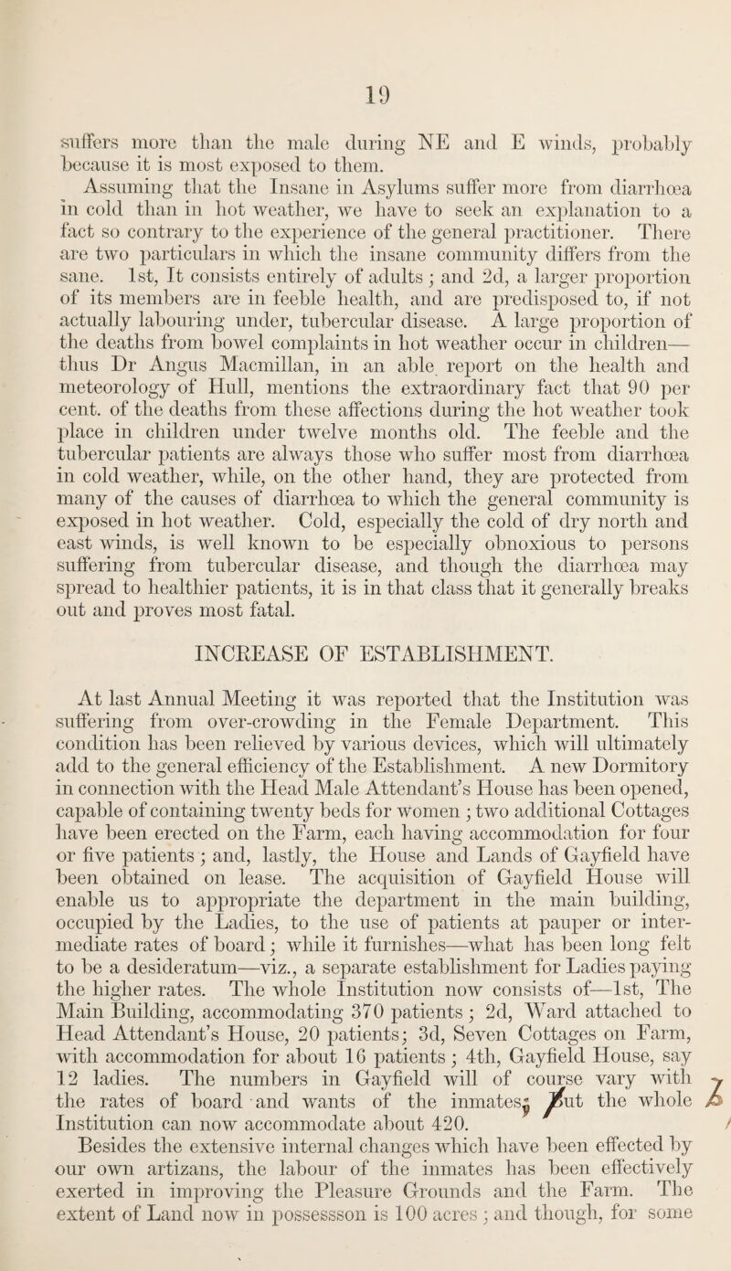 suffers more than the male during NE and E winds, probably because it is most exposed to them. Assuming that the Insane in Asylums suffer more from diarrhoea in cold than in hot weather, we have to seek an explanation to a fact so contrary to the experience of the general practitioner. There are two particulars in which the insane community differs from the sane. 1st, It consists entirely of adults ; and 2d, a larger proportion of its members are in feeble health, and are predisposed to, if not actually labouring under, tubercular disease. A large proportion of the deaths from bowel complaints in hot weather occur in children— thus Dr Angus Macmillan, in an able report on the health and meteorology of Hull, mentions the extraordinary fact that 90 per cent, of the deaths from these affections during the hot weather took place in children under twelve months old. The feeble and the tubercular patients are always those who suffer most from diarrhoea in cold weather, while, on the other hand, they are protected from many of the causes of diarrhoea to which the general community is exposed in hot weather. Cold, especially the cold of dry north and east winds, is well known to be especially obnoxious to persons suffering from tubercular disease, and though the diarrhoea may spread to healthier patients, it is in that class that it generally breaks out and proves most fatal. INCREASE OF ESTABLISHMENT. At last Annual Meeting it was reported that the Institution was suffering from over-crowding in the Female Department. This condition has been relieved by various devices, which will ultimately add to the general efficiency of the Establishment. A new Dormitory in connection with the Head Male Attendant’s House has been opened, capable of containing twenty beds for women ; two additional Cottages have been erected on the Farm, each having accommodation for four or five patients ; and, lastly, the House and Lands of Gayfield have been obtained on lease. The acquisition of Gayfield House will enable us to appropriate the department in the main building, occupied by the Ladies, to the use of patients at pauper or inter¬ mediate rates of board; while it furnishes—what has been long felt to be a desideratum—viz., a separate establishment for Ladies paying the higher rates. The whole Institution now consists of—1st, The Main Building, accommodating 370 patients; 2d, Ward attached to Head Attendant’s House, 20 patients; 3d, Seven Cottages on Farm, with accommodation for about 16 patients ; 4th, Gayfield House, say 12 ladies. The numbers in Gayfield will of course vary with y the rates of board and wants of the inmates^ ^ut the whole >© Institution can now accommodate about 420. Besides the extensive internal changes which have been effected by our own artizans, the labour of the inmates lias been effectively exerted in improving the Pleasure Grounds and the Farm. The extent of Land now in possessson is 100 acres ; and though, for some