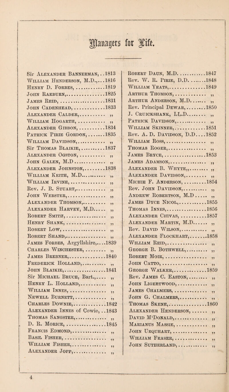 ftanagers for fift. I Sir Alexandee Banneeman, . .1813 William Hendeeson, M.D.,...1816 Heney D. Foebes,.1819 John Raebuen,.1825 James Reid,.1831 John Cadenhead,.1833 Alexandee Caldee,. ,, William Hogaeth,. ,, Alexandee Gibbon,.1834 Pateick Pieie Goedon,.1835 William Davidson,. ,, Sir Thomas Blaikie,.1837 Alexandee Ogston,. „ John Galen, M.D. „ Alexandee Johnston,.1838 William Keith, M.D.. ,, William Ievine,. ,, Rev. J. B. Stdaet,. „ John Webstee,. ,, Alexandee Thomson,. ,, Alexandee Haevey, M.D.._ ,, J^OBEET Smith, ... ,, Heney Shank, .. .... ,, Robeet Low,. ,, Robeet Shand,. ,, James Foebes, Argyllshire,.. ..1839 Chaeles Winchestee,. „ James Beebnee,.1840 Feedeeick Holland,. ,, John Blaikie,.1841 Sir Michael Beuce, Bart.,.. Heney L. Holland,..._..... ,, William Innes,. ,, Newell Buenett,. ,, Chaeles Downie,.1842 Alexandee Innes of Cowie, .. 1843 Thomas Sangstee,. ,, D. R. Moeice,.1845 Feancis Edmond,. „ Basil Fishee,. „ William Fishee,. ,, Alexandee Jopp,. ,, Robeet Dadn, M.D.1847 Rev. W. R. Pieie, D.D.1848 William Yeats,.1849 Aethue Thomson,. ,, Aethue Andeeson, M.D. ,, Rev. Principal Dewae,.1850 J. Ceuickshank, LL.D. ,, Pateick Davidson,. ,, William Skinnee,.1851 Rev. A. D. Davidson, D.D_1852 William Ross,. ,, Thomas Rogbe,. ,, James Beyce,.1853 James Adamson,. ,, Alexandee B. Whyte,,. ,, Alexandee Davidson,. ,, Michie F. Andeeson,.1854 Rev. John Davidson,. ,, Andeew Robeetson, M.D. ,, James Dyce Nicol,.1855 Thomas Innes,.1856 Alexandee Chivas,.1857 Alexandee Maetin, M.D. ,, Rev. David Wilson,. ,, Alexandee Flockhaet,.1858 William Reid,. „ Geoege B. Bothwell,. ,, Robeet Moie,. ,, John Catto,. ,, Geoege Walkee,.1859 Rev. James C. Easton,. ,, John Ligektwood,. ,, James Ghalmees,. ,, ■John G. Ghalmees,. ,, Thomas Skene,.1860 Alexandee Hendeeson,. ,, David M‘Donald,. ,, Maeianus Massie,. „ John Uequhaet,. ,, William Feasee,. ,, John Sutheeland,. ,,