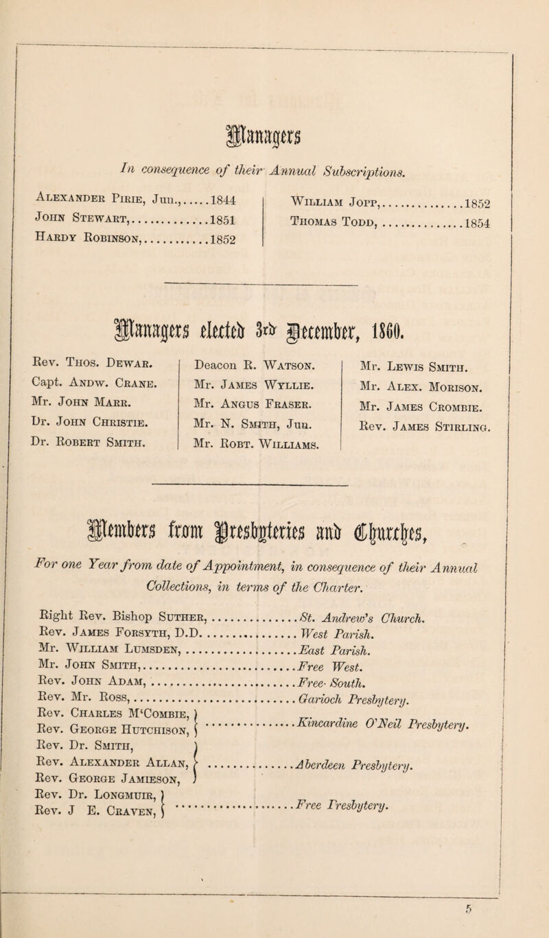 Pairaps In consequence, of their Annual Suhscriptions. Alexander Pirie, Jim.,.1844 William Jopp,_ John Stewart,.1851 Thomas Todd, .... Hardy Robinson,.1852 1852 1854 Panaps iMtJj 3ttr 1860. Rev. Thos. Dewar. Capt. Andw. Crane. Mr. John Marr. Dr. John Christie. Dr. Robert Smith. Deacon R. Watson. Mr. James Wtllie. Mr. Angus Fraser. Mr. N. Smith, Jim. Mr. Robt. Williams. Mr. Lewis Smith. Mr. Alex. Morison. Mr. James Crombie. Rev. James Stirling. Ittmto ftm Imlrpnts aai For one Year from date of Appointment, in consequence of their Annual Collections, in terms of the Charter. Right Rev. Bishop Sdther, Rev. James Forsyth, D.D. , Mr. William Lumsden,_ Mr. John Smith,. Rev. John Adam,. Rev. Mr. Ross,. Rev. Charles M‘Combie, ) Rev. George Hutchison, ) Rev. Dr. Smith, \ Rev. Alexander Allan, [ Rev. George Jamieson, ) Rev. Dr. Longmuir, ) Rev. J E. Craven, J .. ,8t. Andrew's Church. , West Parish. .East Parish. Free West. Free- South, Garioch Presbytery. Kincardine CNeil Presbytery. A berdeen Presbytery. Free Presbytery. \ I