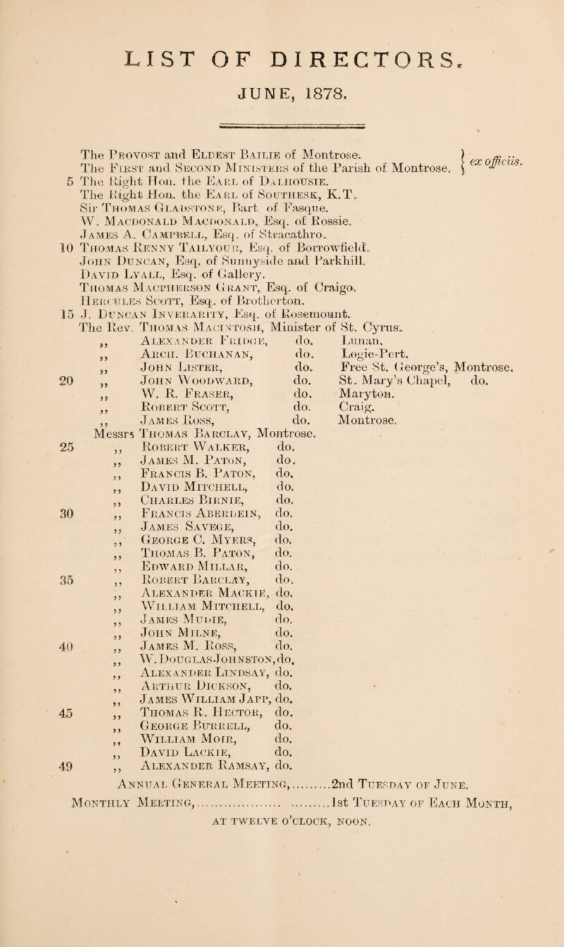 LIST OF DIRECTORS. JUNE, 1878. 10 15 The Provost and Eldest Bailie of Montrose. The First and Second Ministers of the Parish of Montrose. The Right Hon. the Earl of Dalhousie. The Right Hon. the Earl of Southesk, K.T_ Sir Thomas Gladstone, Bart of Basque. W. Macdonald Macdonald, Esq. of Rossie. James A. Campbell, Esq. of 8tracathro„ Thomas Renny Tailyour, Esq. of BorrowfiekL John Duncan, Esq. of Sunnyside and Parkhill. David Lyall, Esq. of Gallery. Thomas Macpiierson Grant, Esq, of Craigo. Hercules Scott, Esq. of Brothorton. J. Duncan Inverarity, Esq. of Rosemount. The Roy. Thomas Macintosh, Minister of St. Cyrus, ex officiis. 9 9 A LEX A N DE R F RI DO E, do. Lunan, 1 9 Arch. Buchanan, do. Logie-Pert, 99 John Lister, do. Free St. George’s, Montrose. 20 99 John Woodward, do. St. Mary’s Chapel, do. 9 9 W. R. Fraser, do. Mary ton. 9 9 Robert Scott, do. Craig. James Ross, do. Montrose. Messrs Thomas Barclay, Montrose. 25 Robert Walker, do. 9 9 James M. Paton, do. 5 9 Francis B. Baton, do. 9 9 David Mitchell, do. 9 9 Charles Birnie, do. 30 9 9 Francis Aberdeen, do. 9 9 James Savege, do. 9 9 George C. Myers, do. 9 9 Thomas B. Baton, do. 9 9 Edward Millar, do. 35 ) 9 Robert Barclay, do. Alexander Mackie, do. William Mitchell, do. James Mu die, do. John Milne, do. 40 James M. Ross, do. W. Douglas Johnston, do. Alexander Lindsay, do. Arthur Dickson, do. James William Japp, do. 45 9 9 Thomas R. Hector, do. George Burrell, do. William Moir, do. David Lackie, do. 49 9 9 Alexander Ramsay, do. Annual General Meeting,. .2nd Tuesday of June. Monthly Meeting,. 1st Tuesday of Each Month, at twelve o’clock , NOON.