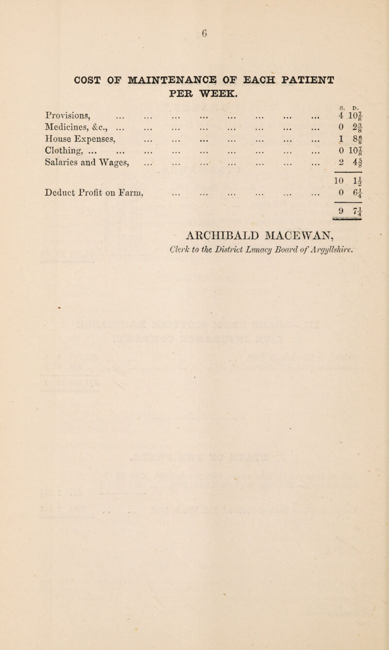 COST OF MAINTENANCE OF EACH PATIENT PER WEEK. S. D. 4.10} 0 2§ 1 8f 0 10} 3 4f 10 1} Deduct Profit on Farm, ... . ... ... ... 0 6^ ARCHIBALD MACEWAN, Clerk to the District Lunacy Board of Argyllshire. Provisions, Medicines, &c., ... House Expenses, Clothing,. Salaries and Wages,