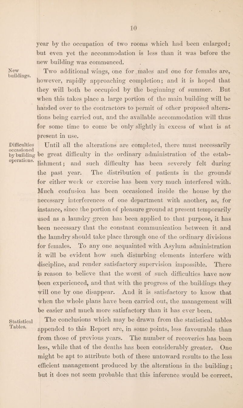 New buildings. Difficulties occasioned by building operations. Statistical Tables. year by the occupation of two rooms which had been enlarged; but even yet the accommodation is less than it was before the new building was commenced. Two additional wings, one for males and one for females are, however, rapidly approaching completion; and it is hoped that they will both be occupied by the beginning of summer. But when this takes place a large portion of the main building will be handed over to the contractors to permit of other proposed altera¬ tions being carried out, and the available accommodation will thus for some time to come be only slightly in excess of what is at present in use. Until all the alterations are completed, there must necessarily be great difficulty in the ordinary administration of the estab¬ lishment ; and such difficulty has been severely felt during the past year. The distribution of patients in the grounds for either work or exercise has been very much interfered with. Much confusion has been occasioned inside the house by the necessary interferences of one department with another, as, for instance, since the portion of pleasure ground at present temporarily used as a laundry green has been applied to that purpose, it has been necessary that the constant communication between it and the laundry should take place through one of the ordinary divisions for females. To any one acquainted with Asylum administration it will be evident how such disturbing elements interfere with discipline, and render satisfactory supervision impossible. There is reason to believe that the worst of such difficulties have now been experienced, and that with the progress of the buildings they will one by one disappear. And it is satisfactory to know that when the whole plans have been carried out, the management will be easier and much more satisfactory than it has ever been. The conclusions which may be drawn from the statistical tables appended to this Report are, in some points, less favourable than from those of previous years. The number of recoveries has been less, while that of the deaths has been considerably greater. One might be apt to attribute both of these untoward results to the less efficient management produced by the alterations in the building; but it does not seem probable that this inference would be correct.