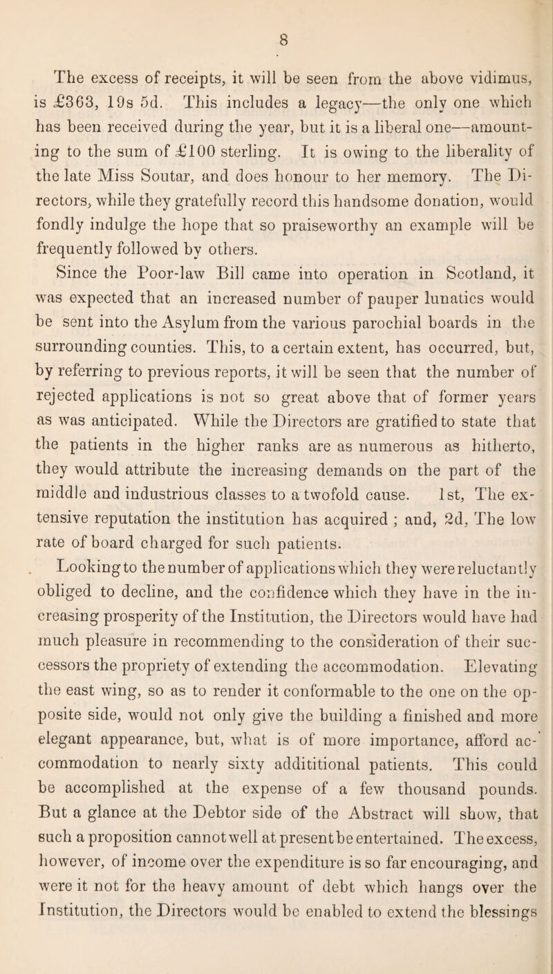 The excess of receipts, it will be seen from the above vidimus, is T363, 19s 5d. This includes a legacy—the only one which has been received during the year, but it is a liberal one—amount¬ ing to the sum of TlQO sterling. It is owing to the liberality of the late Miss Soutar, and does honour to her memory. The Di¬ rectors, while they gratefully record this handsome donation, would fondly indulge the hope that so praiseworthy an example will be frequently followed by others. Since the Poor-law Bill came into operation in Scotland, it was expected that an increased number of pauper lunatics would be sent into the Asylum from the various parochial boards in the surrounding counties. This, to a certain extent, has occurred, but, by referring to previous reports, it will be seen that the number of rejected applications is not so great above that of former years as was anticipated. While the Directors are gratified to state that the patients in the higher ranks are as numerous as hitherto, they would attribute the increasing demands on the part of the middle and industrious classes to a twofold cause. 1st, The ex¬ tensive reputation the institution has acquired ; and, 2d, The low rate of board charged for such patients. Looking to the number of applications which they were reluctantly obliged to decline, and the confidence which they have in the in¬ creasing prosperity of the Institution, the Directors would have had much pleasure in recommending to the consideration of their suc¬ cessors the propriety of extending the accommodation. Elevating the east wing, so as to render it conformable to the one on the op¬ posite side, would not only give the building a finished and more elegant appearance, but, what is of more importance, afford ac¬ commodation to nearly sixty additional patients. This could be accomplished at the expense of a few thousand pounds. But a glance at the Debtor side of the Abstract will show, that such a proposition cannot well at presentbe entertained. The excess, however, of income over the expenditure is so far encouraging, and were it not for the heavy amount of debt which hangs over the Institution, the Directors would be enabled to extend the blessings