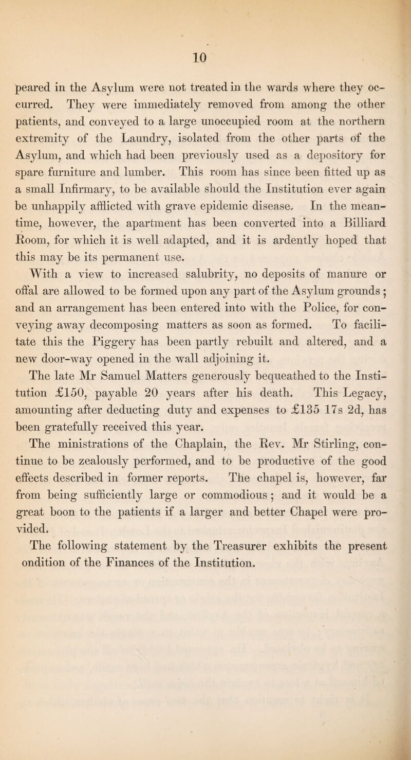 peared in the Asylum were not treated in the wards where they oc¬ curred. They were immediately removed from among the other patients, and conveyed to a large unoccupied room at the northern extremity of the Laundry, isolated from the other parts of the Asylum, and which had been previously used as a depository for spare furniture and lumber. This room has since been fitted up as a small Infirmary, to be available should the Institution ever again be unhappily afflicted with grave epidemic disease. In the mean¬ time, however, the apartment has been converted into a Billiard Room, for which it is well adapted, and it is ardently hoped that this may be its permanent use. With a view to increased salubrity, no deposits of manure or offal are allowed to be formed upon any part of the Asylum grounds ; and an arrangement has been entered into with the Police, for con¬ veying away decomposing matters as soon as formed. To facili¬ tate this the Piggery has been partly rebuilt and altered, and a new door-way opened in the wall adjoining it. The late Mr Samuel Matters generously bequeathed to the Insti¬ tution £150, payable 20 years after his death. This Legacy, amounting after deducting duty and expenses to £135 17s 2d, has been gratefully received this year. The ministrations of the Chaplain, the Rev. Mr Stirling, con¬ tinue to be zealously performed, and to be productive of the good effects described in former reports. The chapel is, however, far from being sufficiently large or commodious • and it would be a great boon to the patients if a larger and better Chapel were pro¬ vided. The following statement by the Treasurer exhibits the present ondition of the Finances of the Institution.